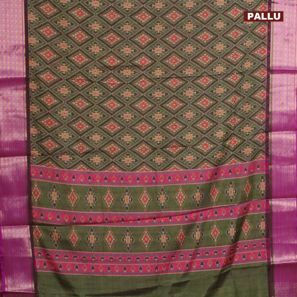 Semi kanchipuram silk saree green shade and purple with allover ikat digital prints and zari woven border - Image 3