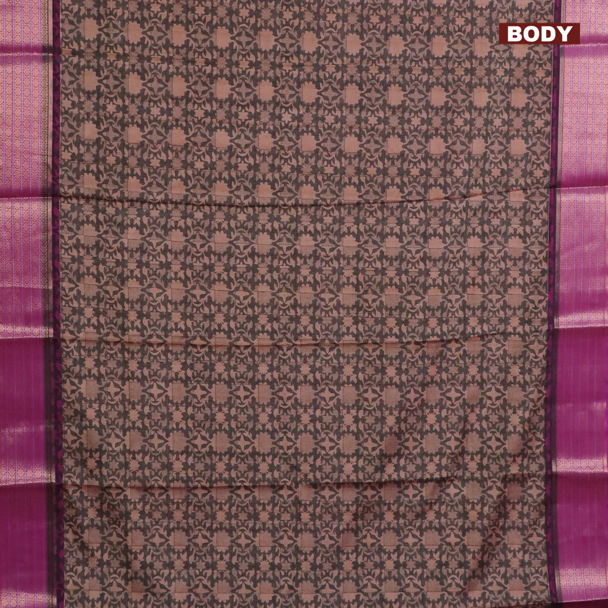 Semi kanchipuram silk saree grey shade and purple with allover digital prints and zari woven border - Image 2