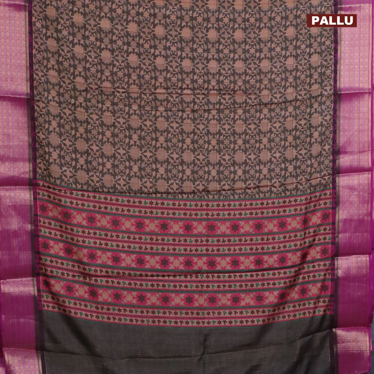Semi kanchipuram silk saree grey shade and purple with allover digital prints and zari woven border - Image 3