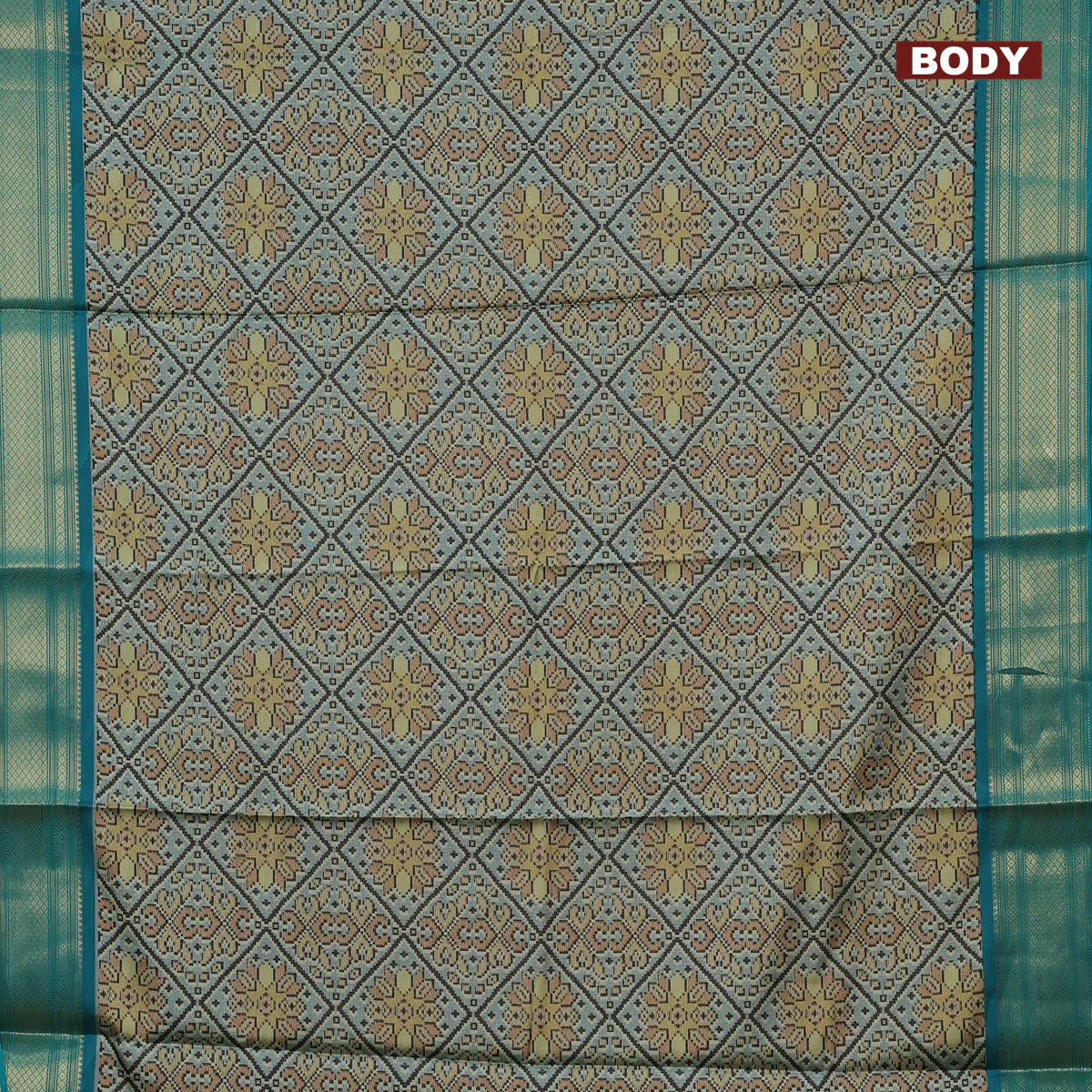 Semi kanchipuram silk saree grey shade and teal green with allover digital prints and zari woven border - Image 2
