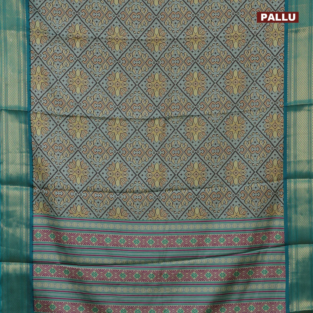 Semi kanchipuram silk saree grey shade and teal green with allover digital prints and zari woven border - Image 3