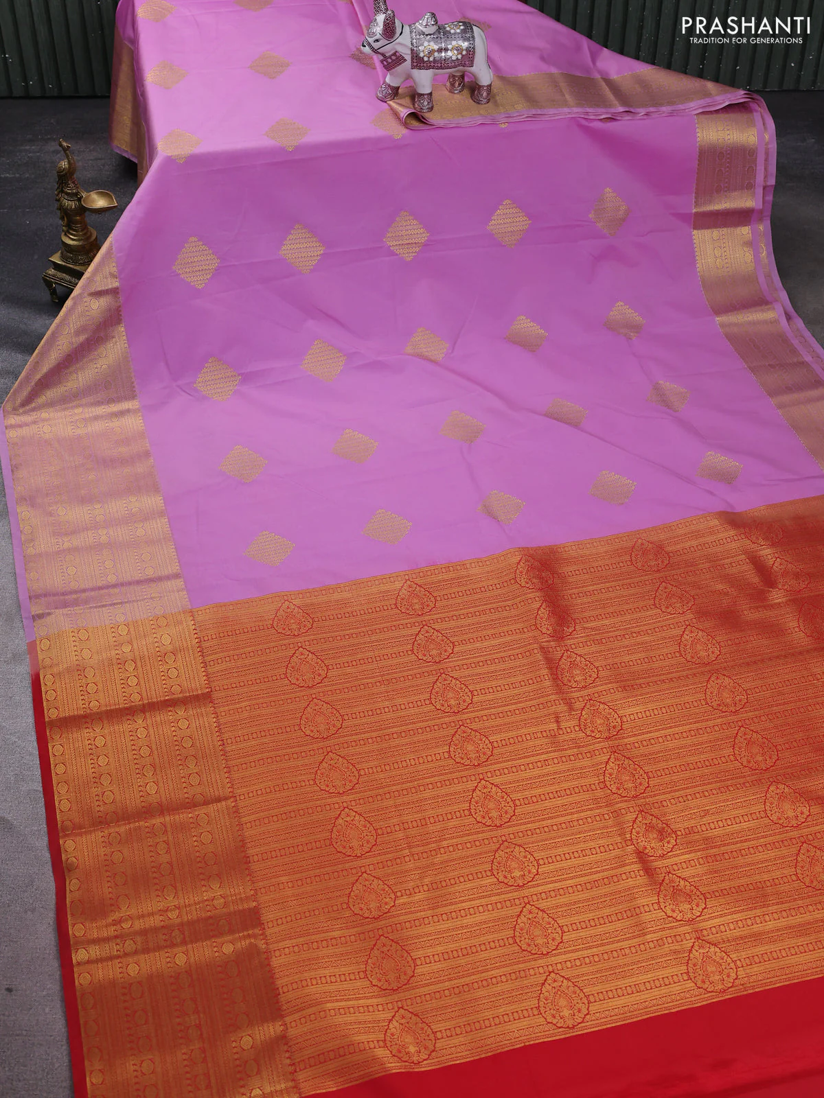 Semi kanchipuram silk saree lavender and red with zari woven buttas and long zari woven border - Image 2
