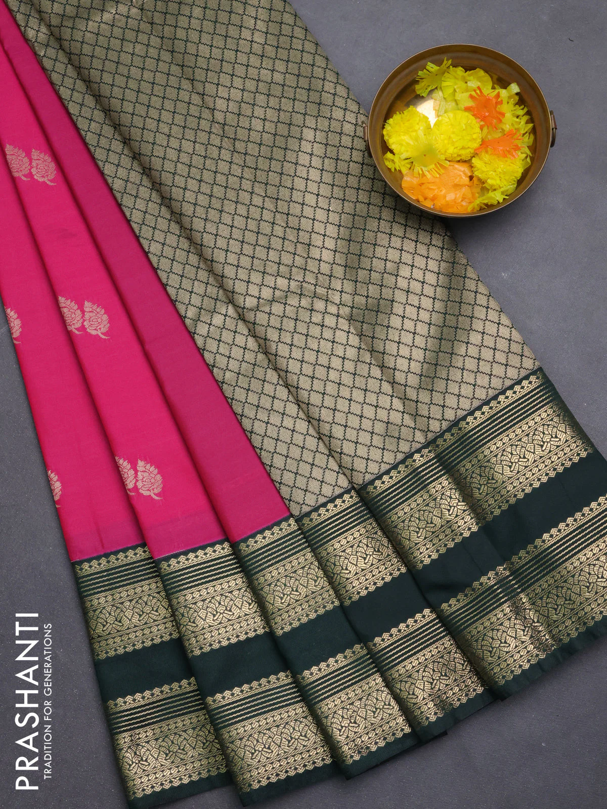 Semi kanchipuram silk saree magenta pink and bottle green with zari woven buttas and long zari woven border
