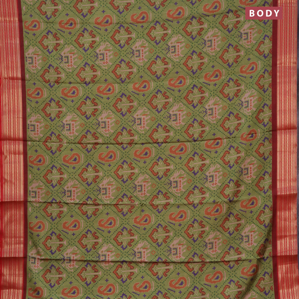 Semi kanchipuram silk saree mehendi green and red with allover digital prints and zari woven border - Image 2