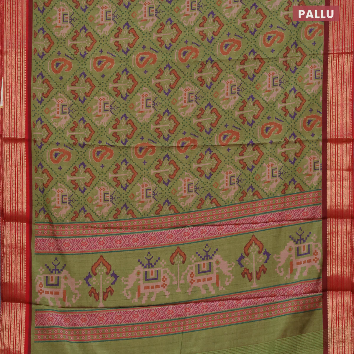 Semi kanchipuram silk saree mehendi green and red with allover digital prints and zari woven border - Image 3