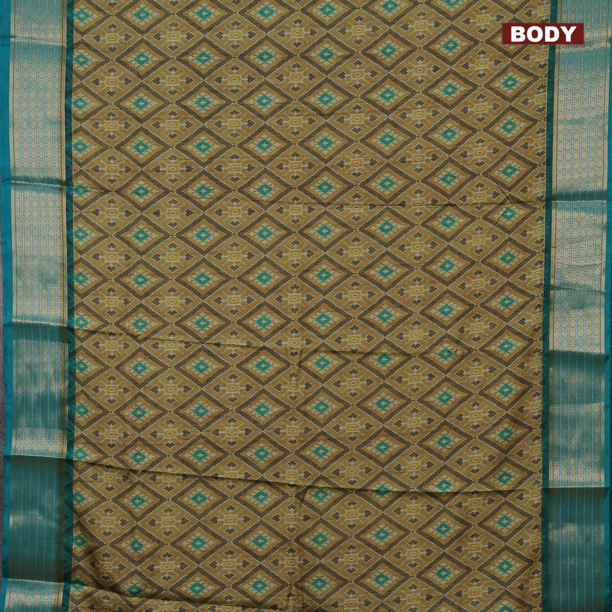 Semi kanchipuram silk saree mustard shade and teal green with allover ikat digital prints and zari woven border - Image 2