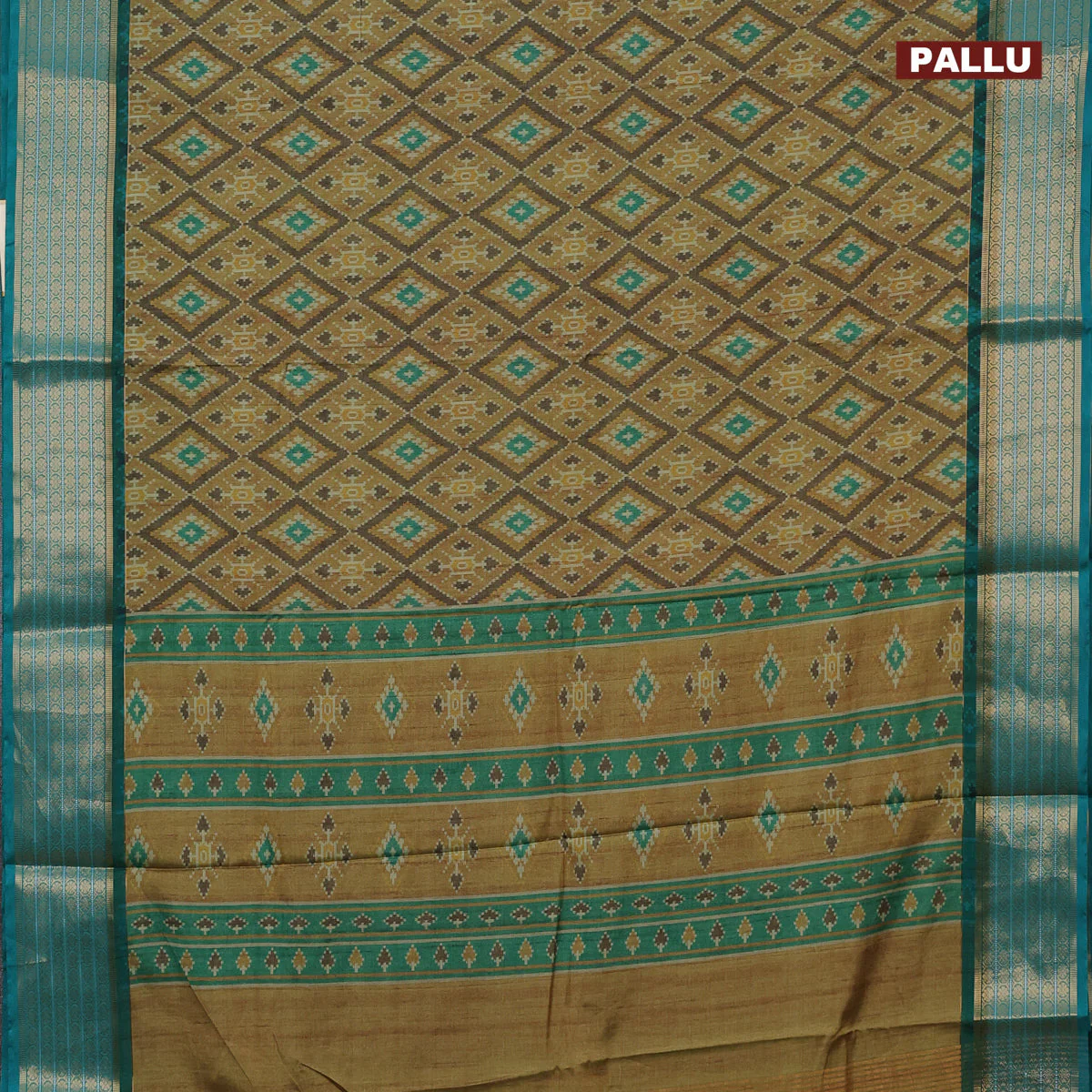 Semi kanchipuram silk saree mustard shade and teal green with allover ikat digital prints and zari woven border - Image 3