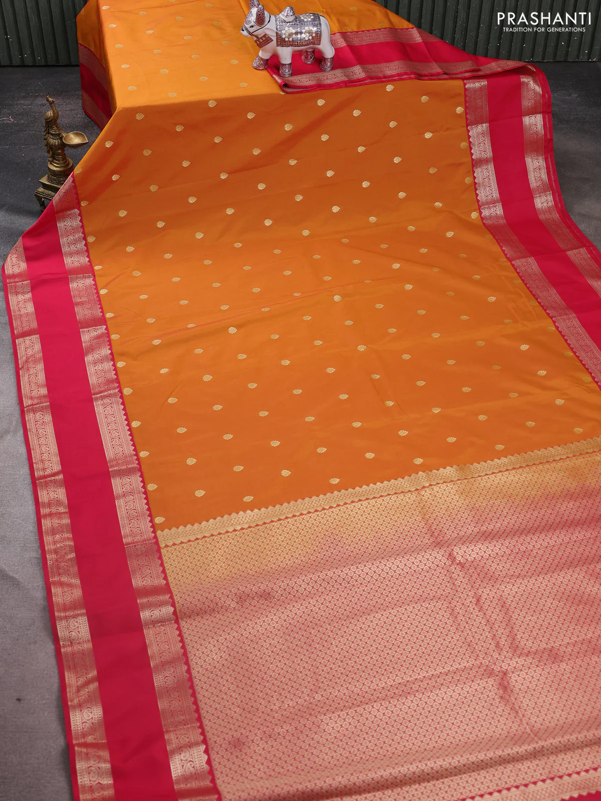 Semi kanchipuram silk saree mustard yellow and pink with zari woven buttas and rettapet zari woven korvai border - Image 2