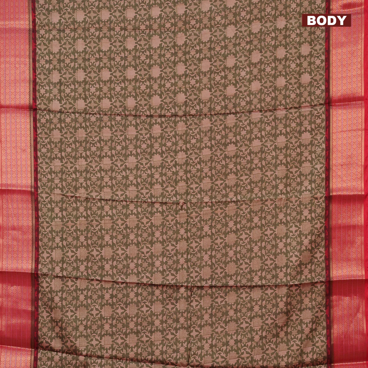 Semi kanchipuram silk saree olive green and red with allover digital prints and zari woven border - Image 2