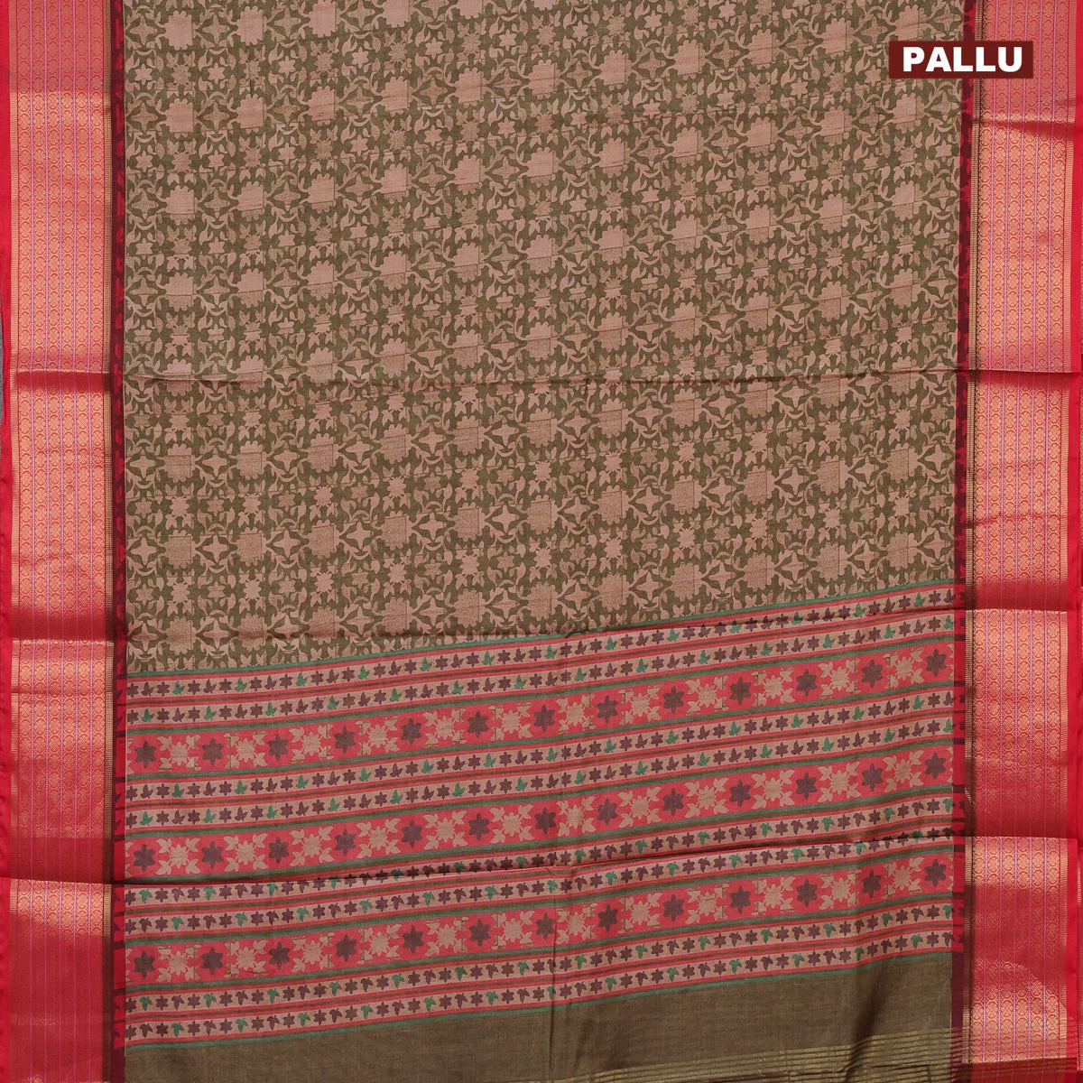 Semi kanchipuram silk saree olive green and red with allover digital prints and zari woven border - Image 3