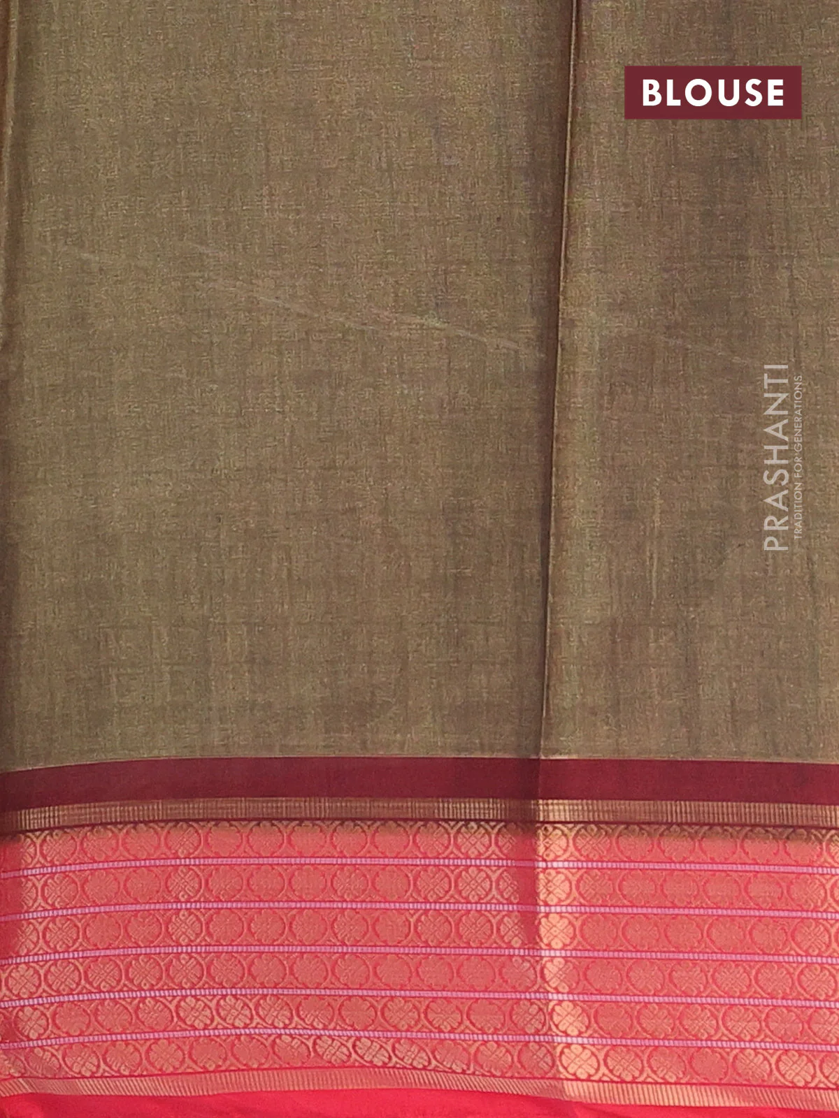 Semi kanchipuram silk saree olive green and red with allover digital prints and zari woven border - Image 4