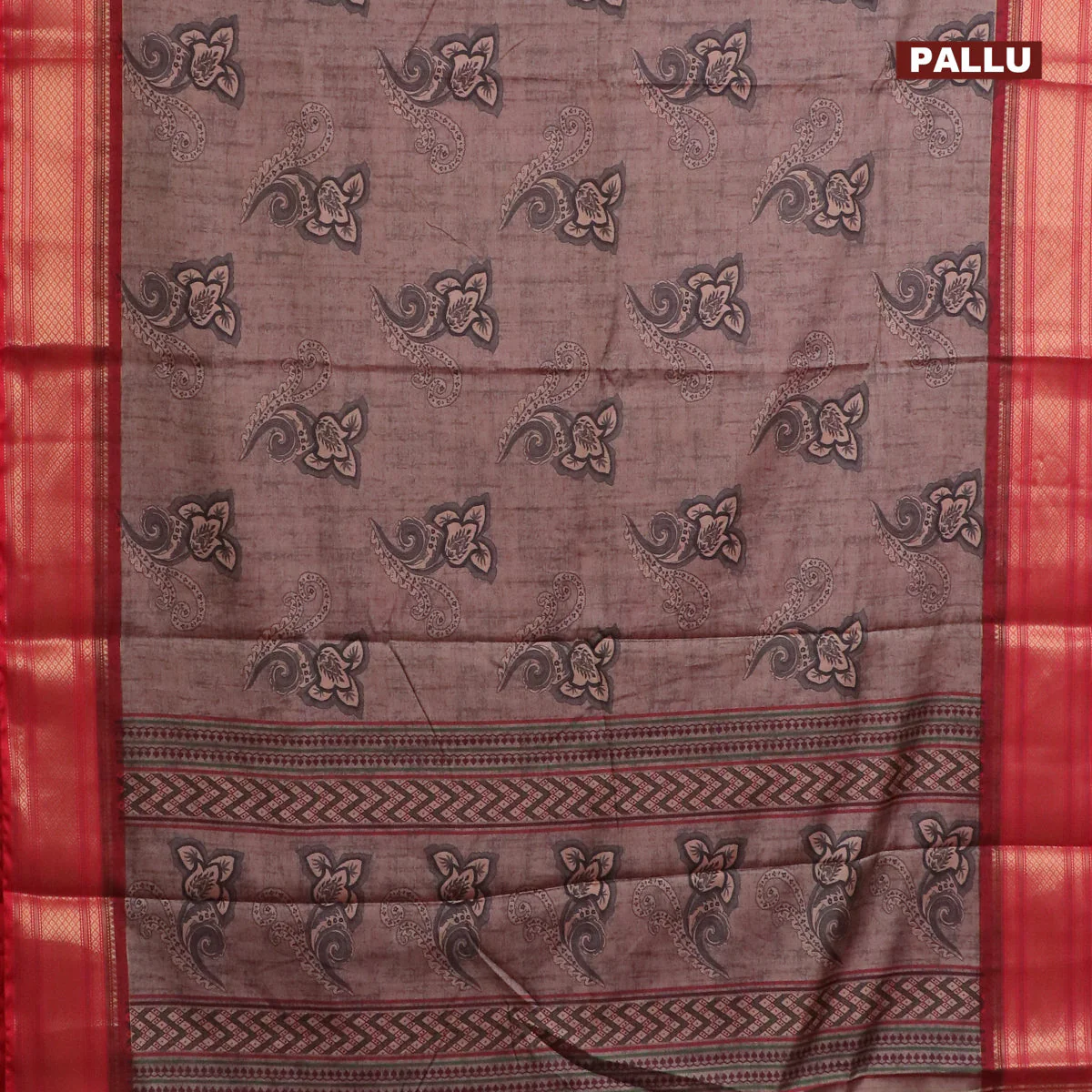 Semi kanchipuram silk saree pastel brown grey and red with allover floral butta prints and zari woven border - Image 3