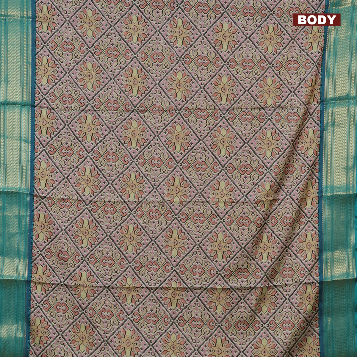 Semi kanchipuram silk saree pastel pink and teal green with allover digital prints and zari woven border - Image 2