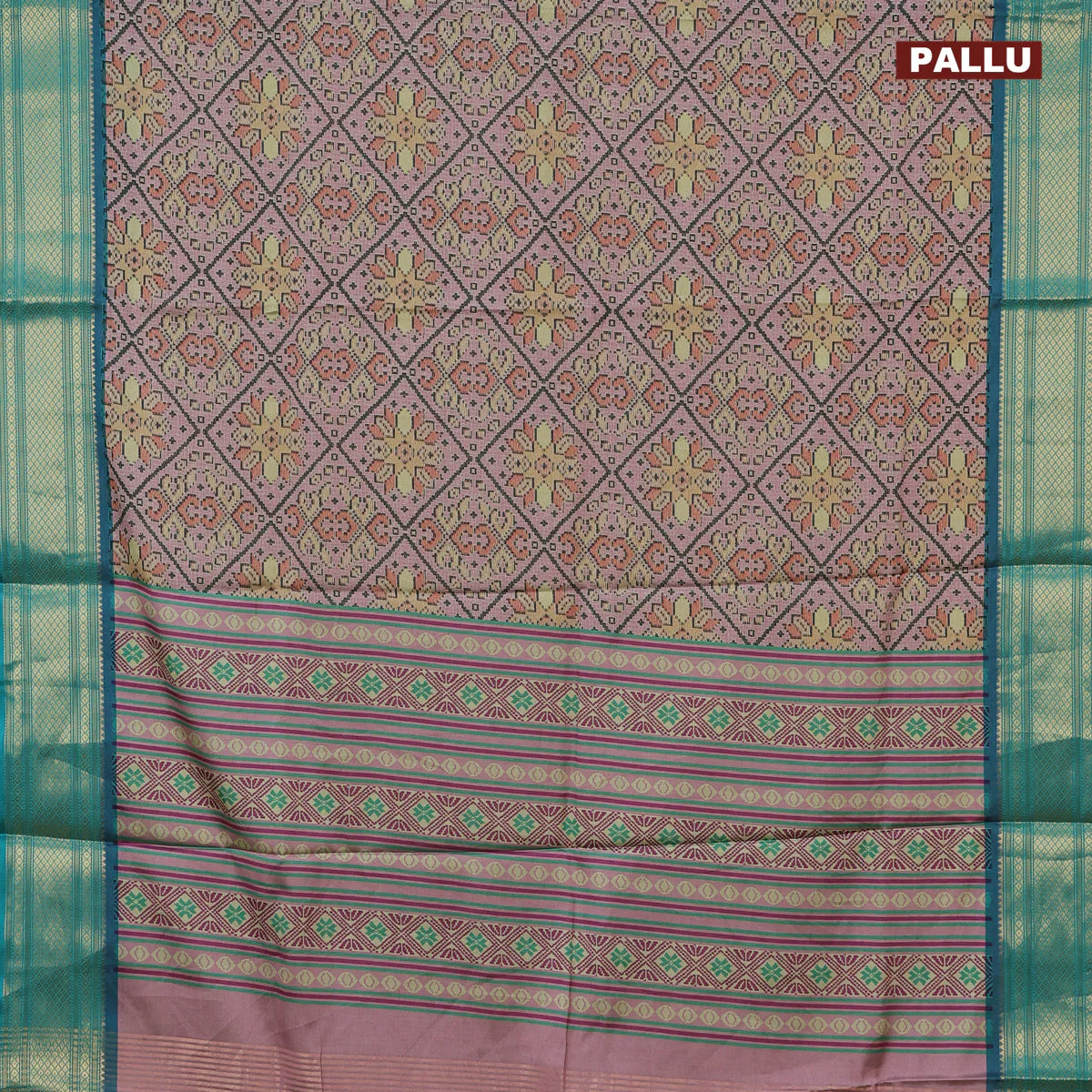 Semi kanchipuram silk saree pastel pink and teal green with allover digital prints and zari woven border - Image 3
