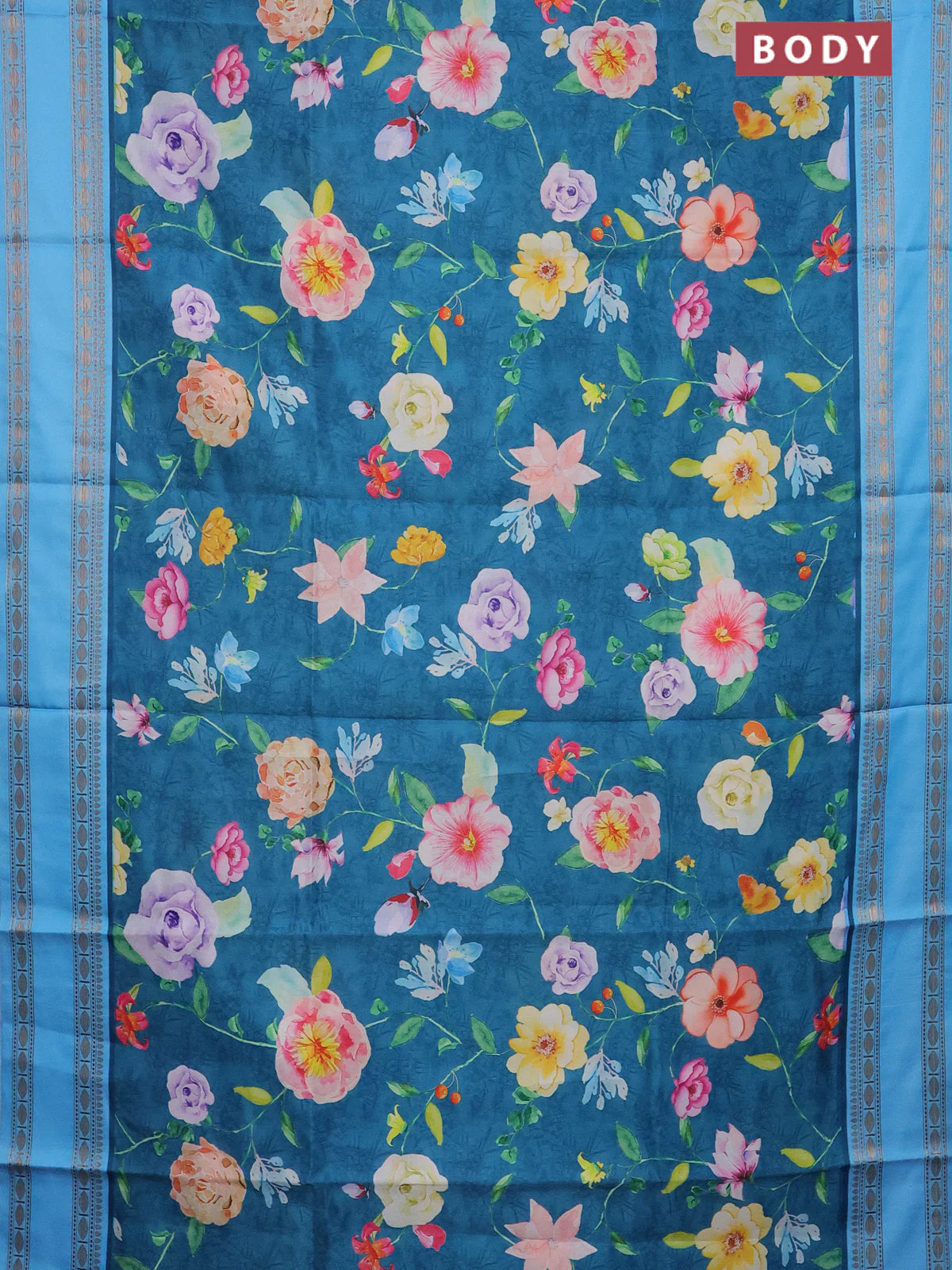 Semi kanchipuram silk saree peacock blue and light blue with allover floral digital prints and rettapet woven border - Image 2