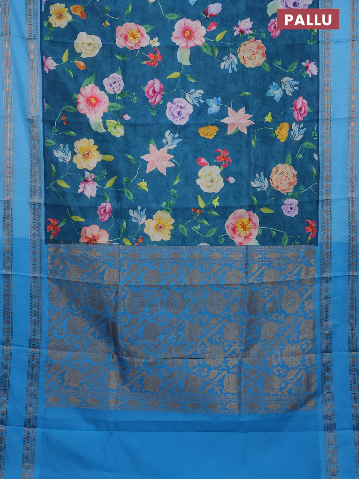 Semi kanchipuram silk saree peacock blue and light blue with allover floral digital prints and rettapet woven border - Image 3