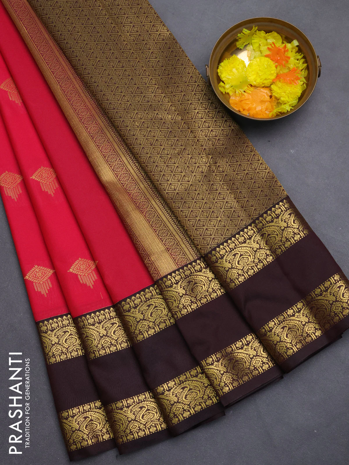 Semi kanchipuram silk saree pink and coffee brown with zari woven buttas and rettapet zari woven korvai border