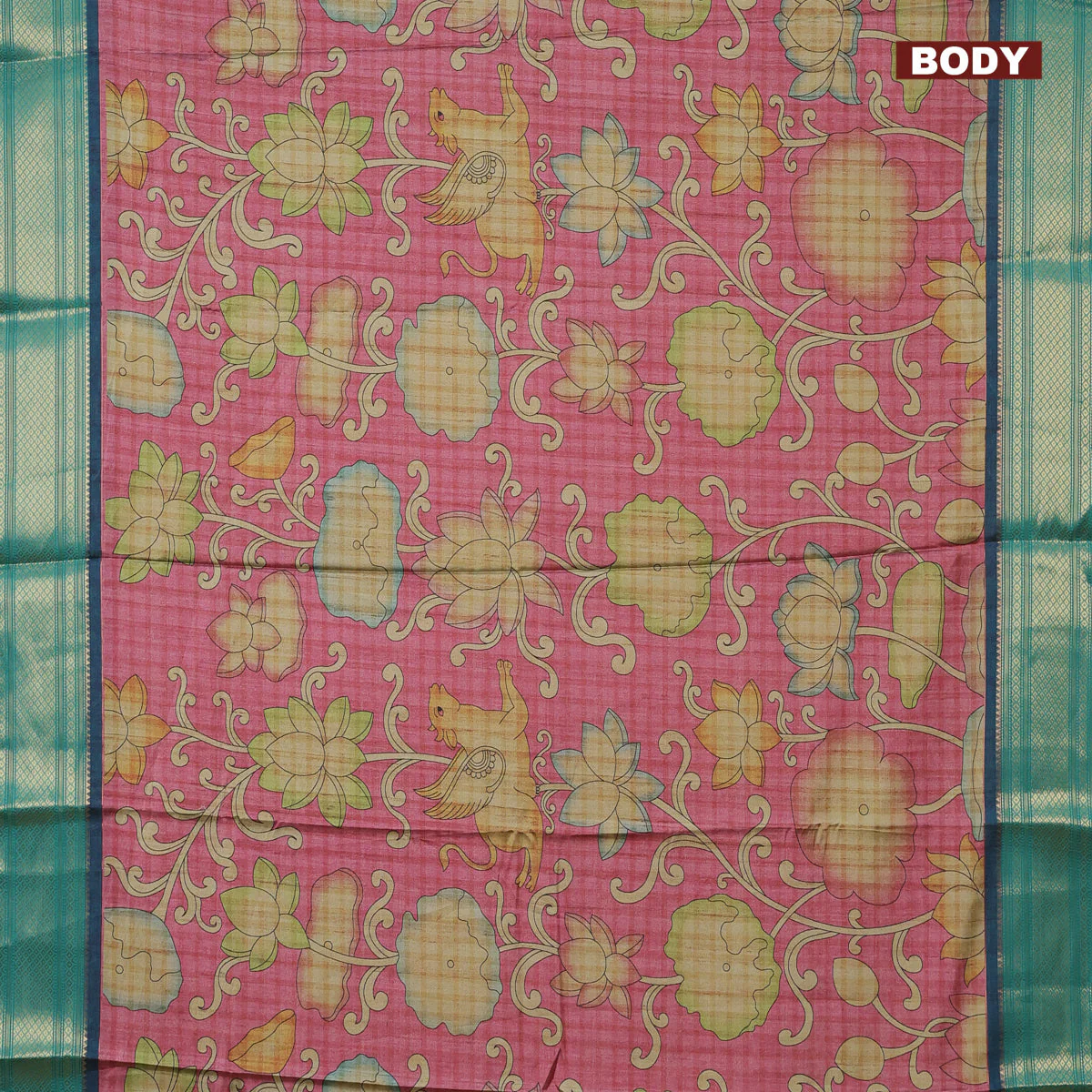 Semi kanchipuram silk saree pink and teal green with allover kalamkari prints and zari woven border - Image 2