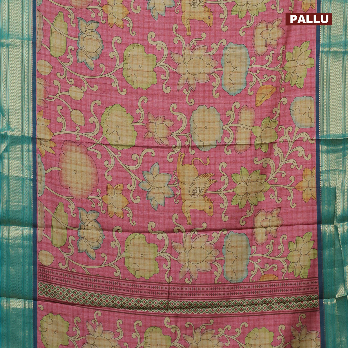 Semi kanchipuram silk saree pink and teal green with allover kalamkari prints and zari woven border - Image 3