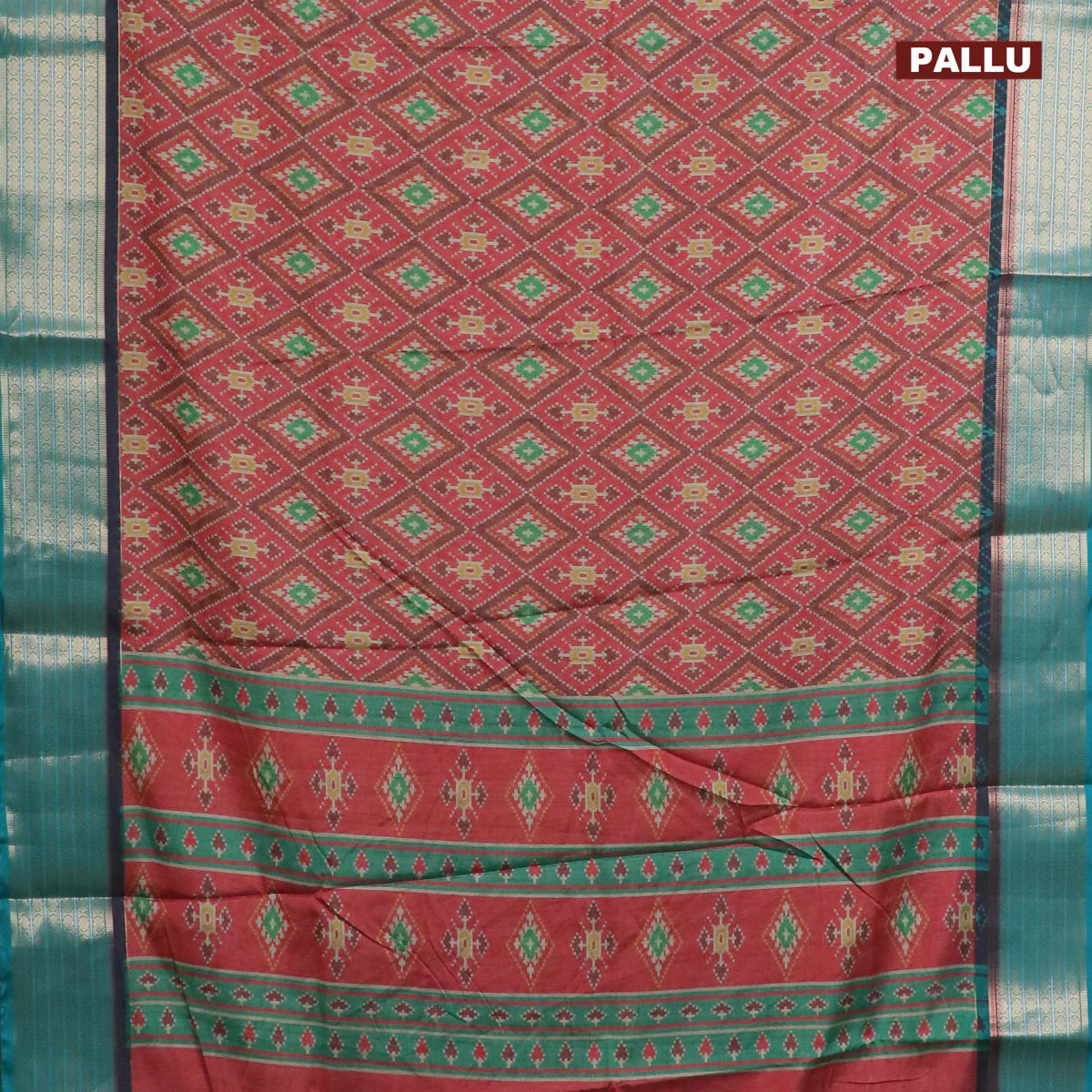 Semi kanchipuram silk saree red and teal green with allover ikat digital prints and zari woven border - Image 3