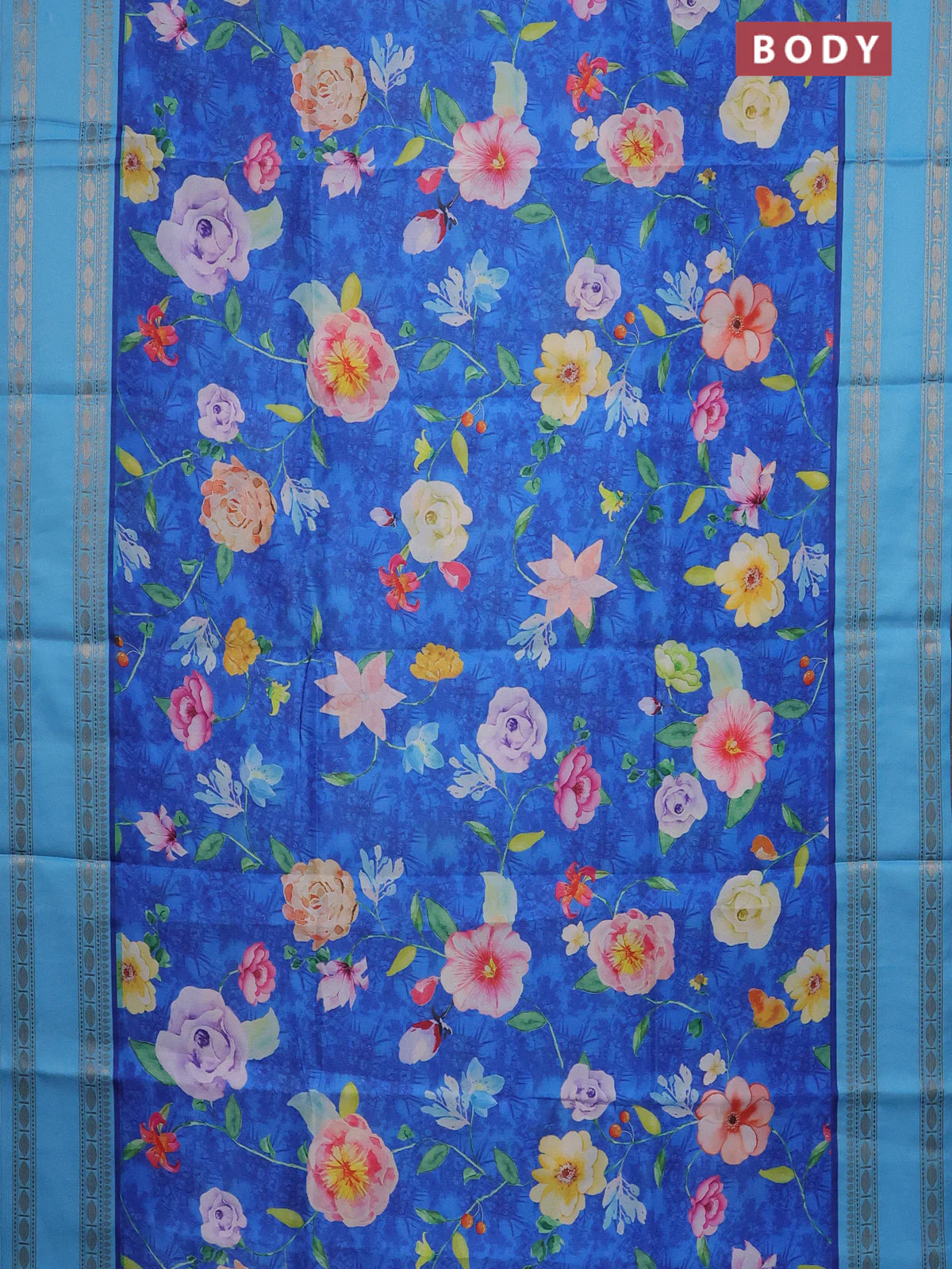 Semi kanchipuram silk saree royal blue and light blue with allover floral digital prints and rettapet woven border - Image 2
