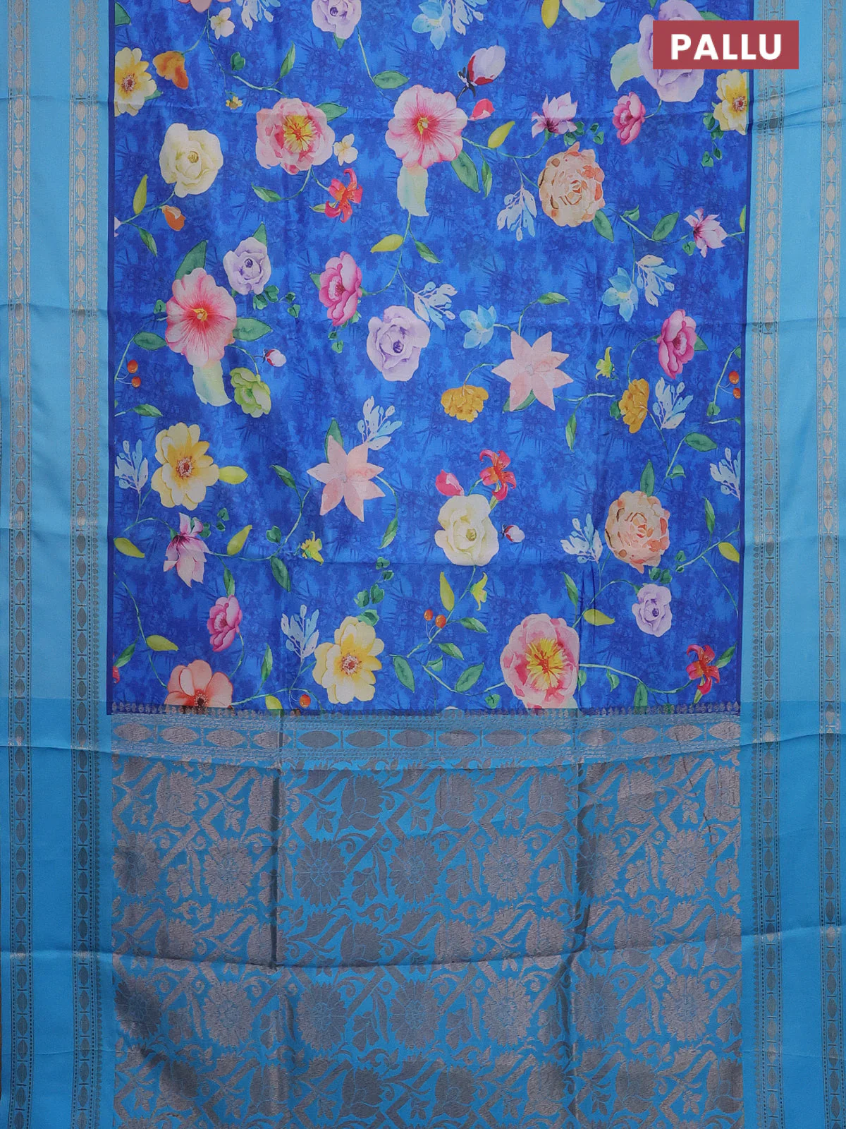 Semi kanchipuram silk saree royal blue and light blue with allover floral digital prints and rettapet woven border - Image 3