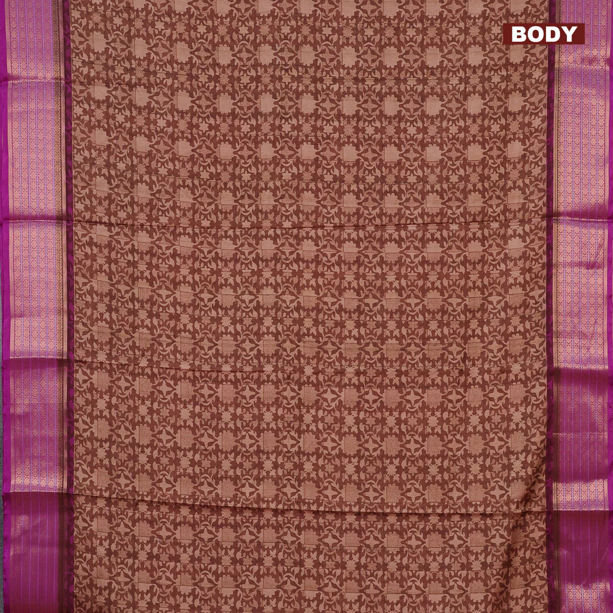 Semi kanchipuram silk saree rust shade and purple with allover digital prints and zari woven border - Image 2