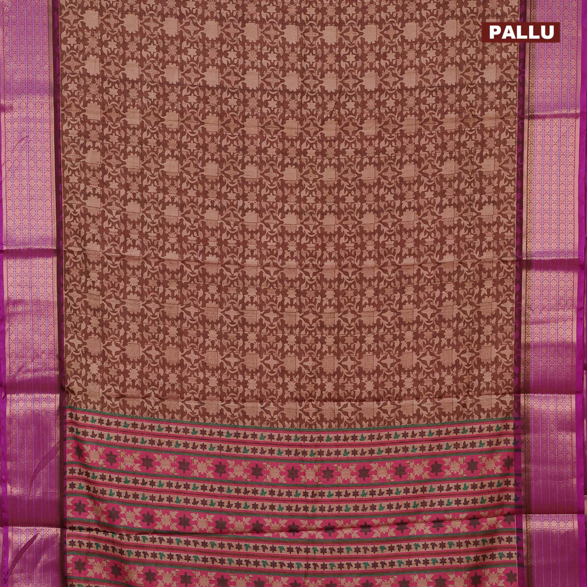 Semi kanchipuram silk saree rust shade and purple with allover digital prints and zari woven border - Image 3