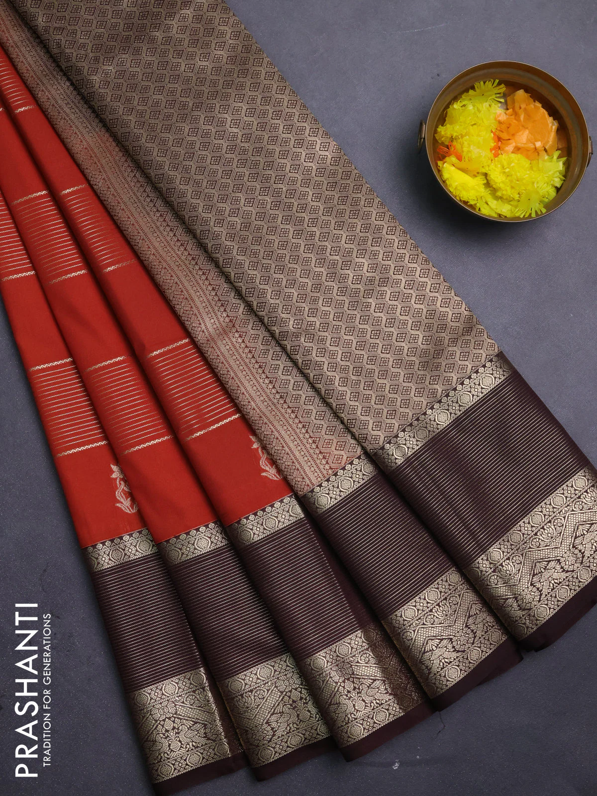 Semi kanchipuram silk saree rustic orange and coffee brown with allover zari weaves & buttas and long zari woven border