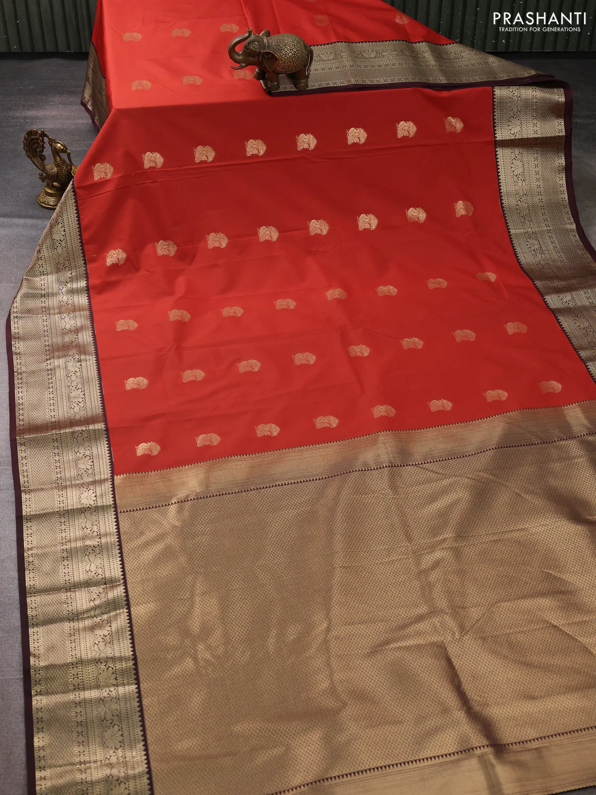 Semi kanchipuram silk saree rustic orange and coffee brown with annam zari woven buttas and zari woven border - Image 2