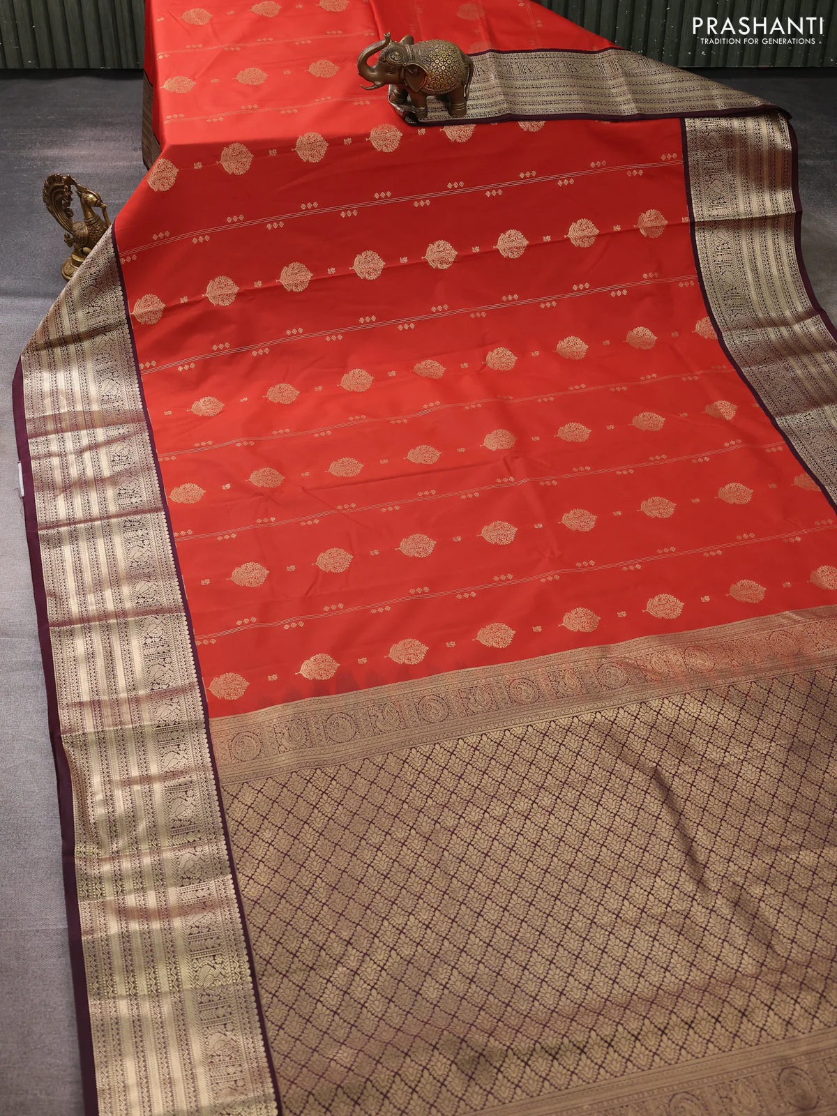 Semi kanchipuram silk saree rustic orange and coffee brown with zari woven stripes pattern and zari woven korvai border - Image 2