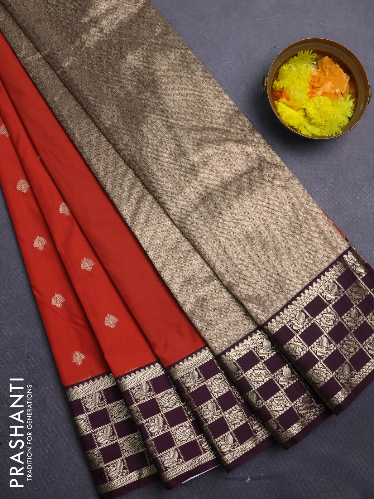 Semi kanchipuram silk saree rustic orange and wine shade with zari woven buttas and zari woven korvai border