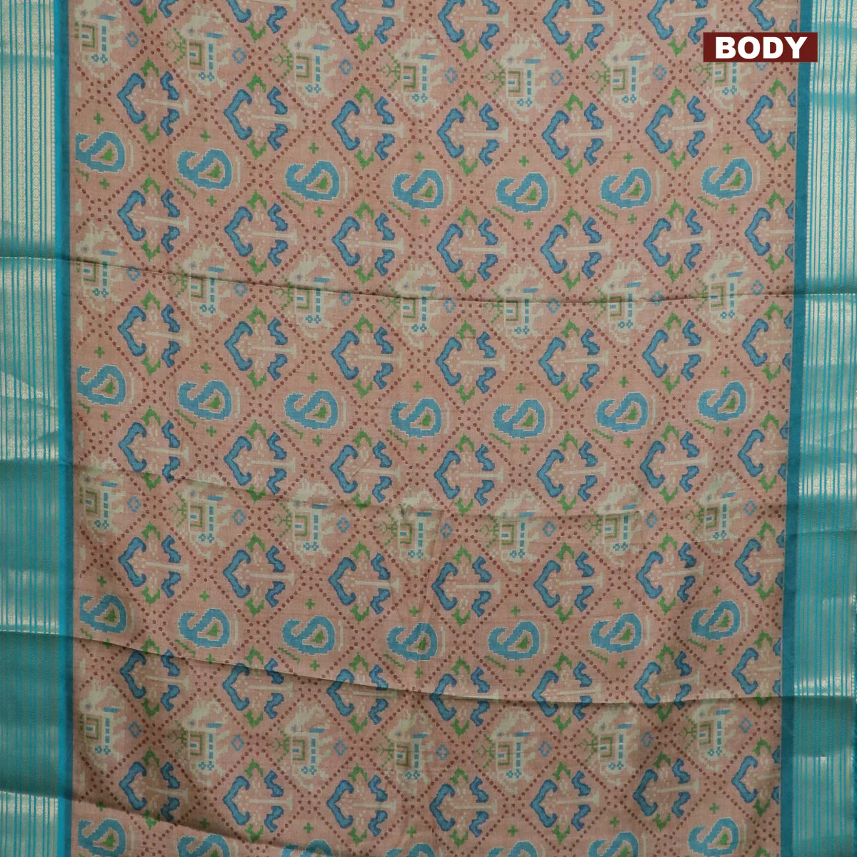 Semi kanchipuram silk saree sandal and teal blue with allover digital prints and zari woven border - Image 2