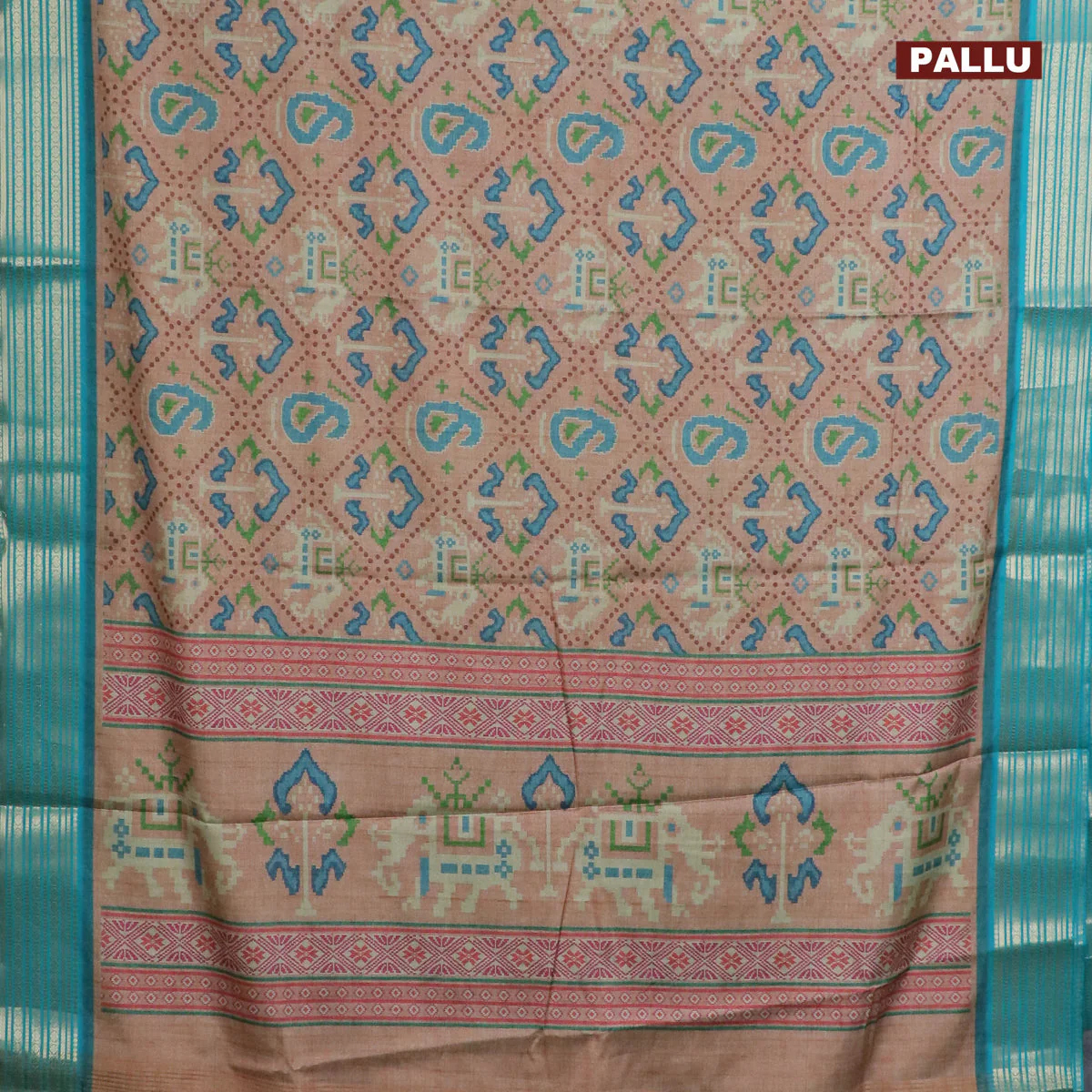 Semi kanchipuram silk saree sandal and teal blue with allover digital prints and zari woven border - Image 3