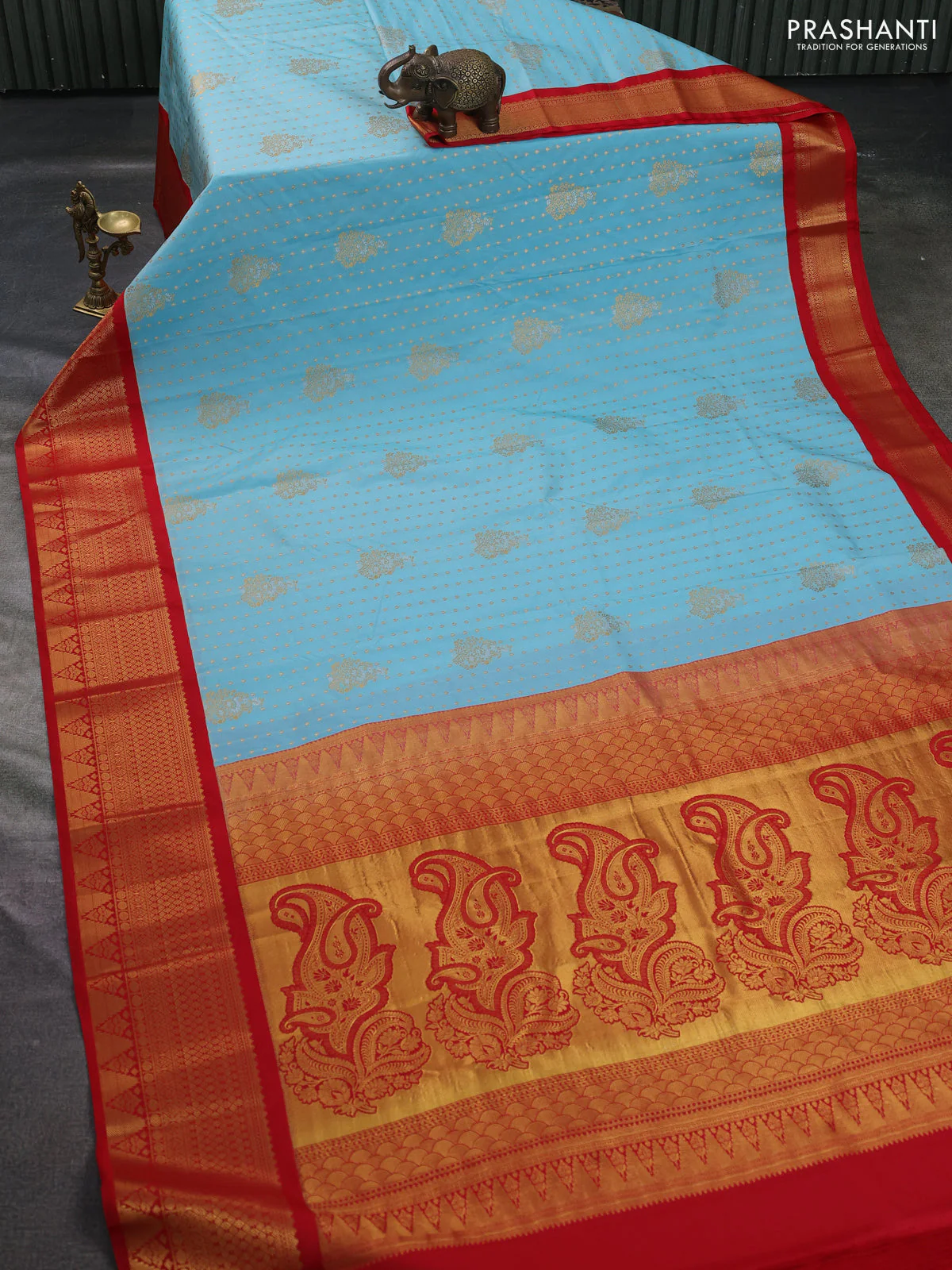 Semi kanchipuram silk saree teal blue and red with allover silver & zari woven buttas and temple zari woven korvai border - Image 2
