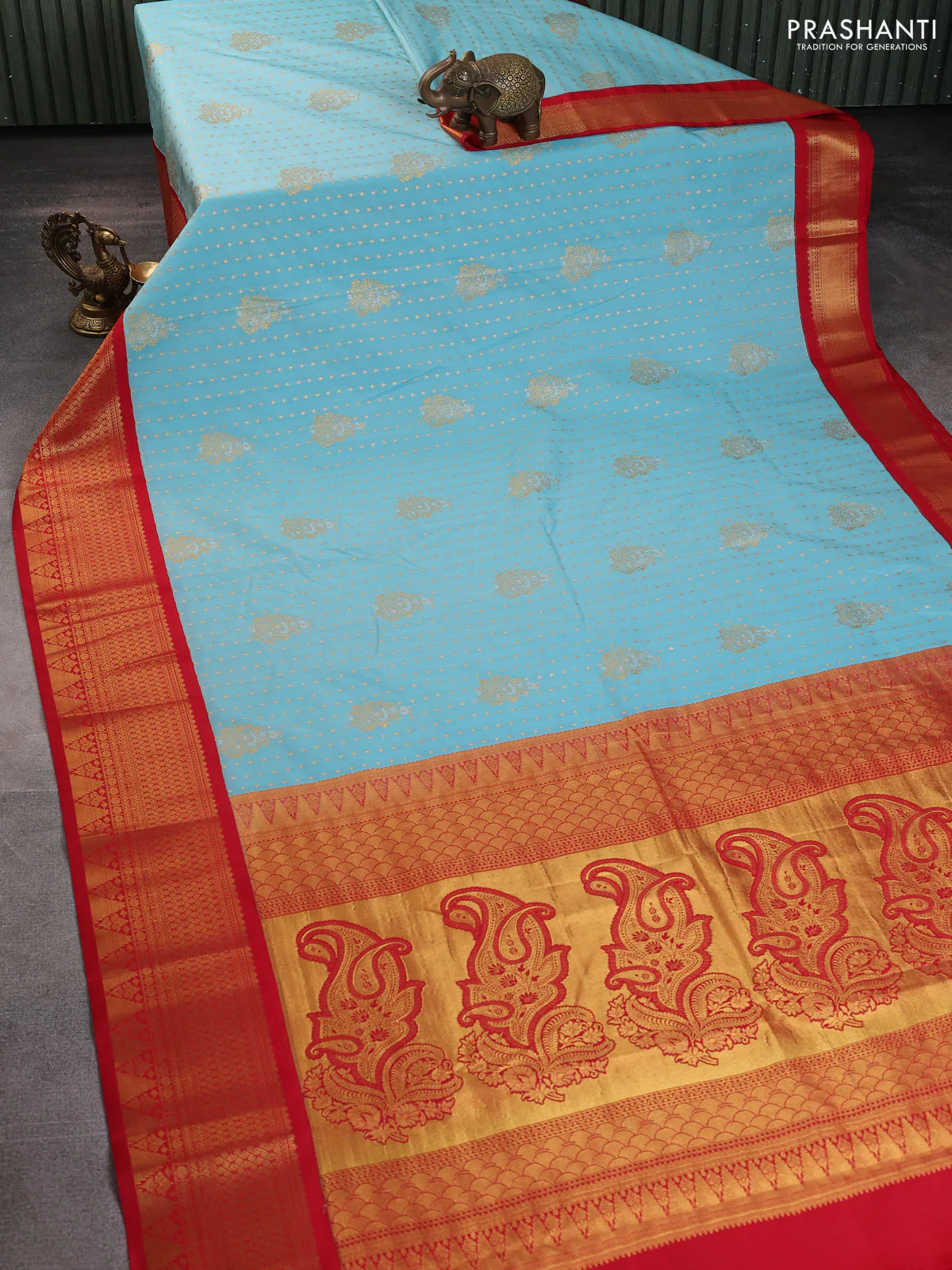 Semi kanchipuram silk saree teal blue and red with allover silver & zari woven buttas and zari woven korvai border - Image 2