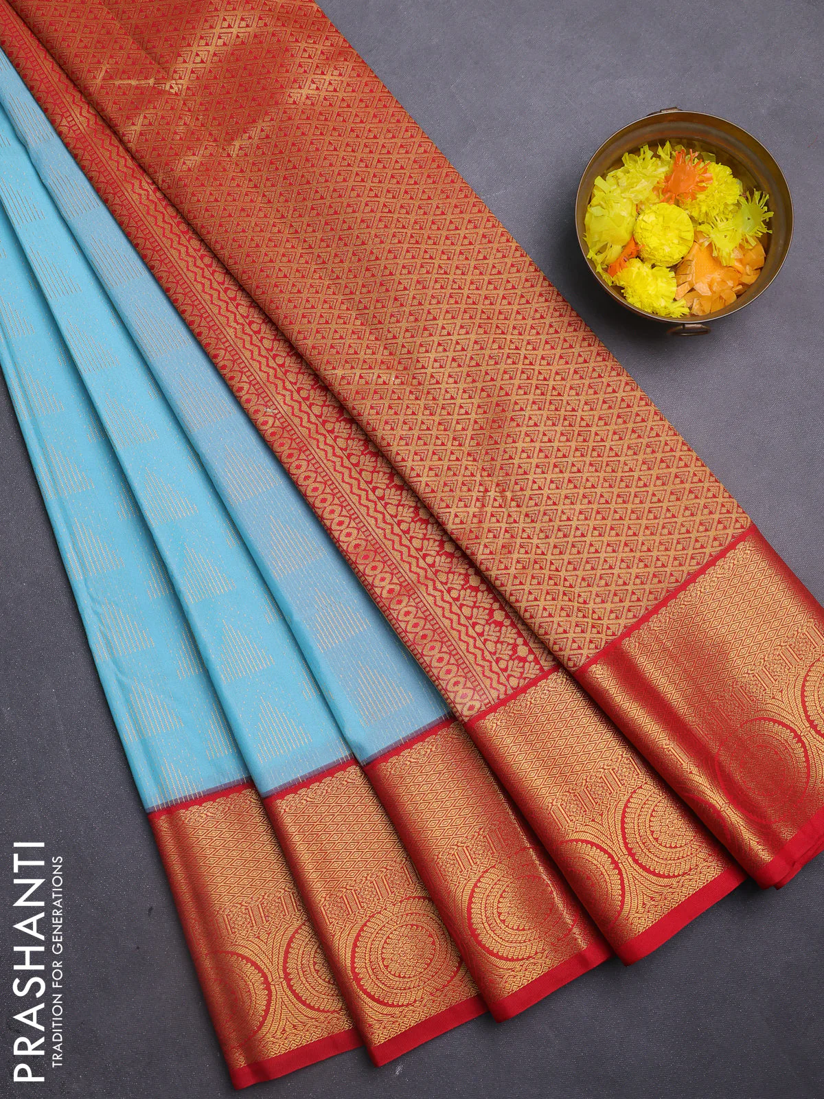 Semi kanchipuram silk saree teal blue and red with allover zari woven buttas and zari woven korvai border