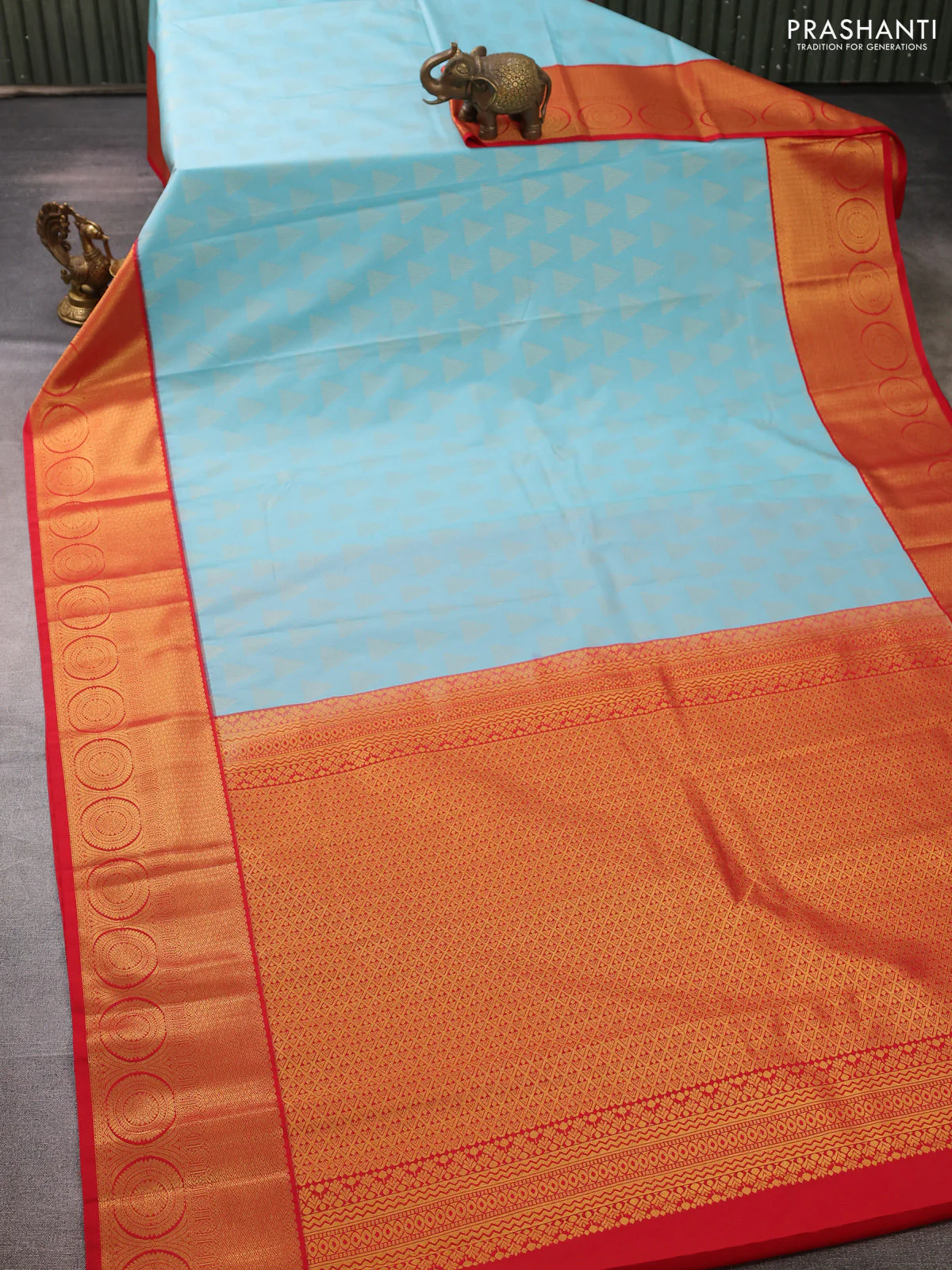 Semi kanchipuram silk saree teal blue and red with allover zari woven buttas and zari woven korvai border - Image 2