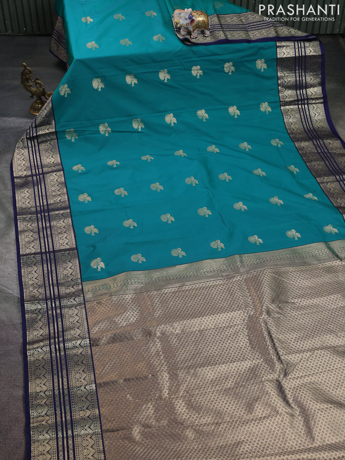 Semi kanchipuram silk saree teal green and navy blue with zari woven buttas and zari woven border - Image 2
