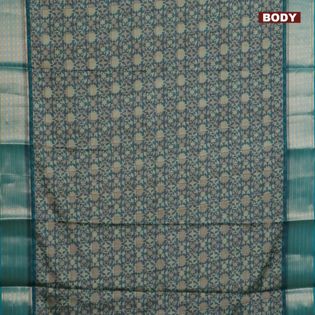 Semi kanchipuram silk saree teal green shade with allover digital prints and zari woven border - Image 2