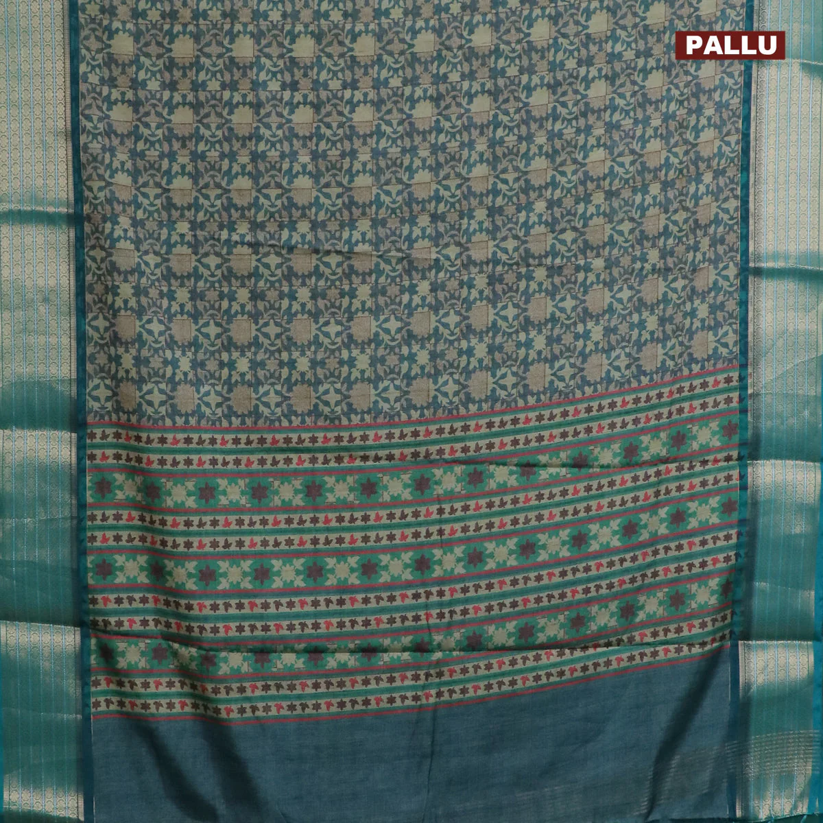 Semi kanchipuram silk saree teal green shade with allover digital prints and zari woven border - Image 3