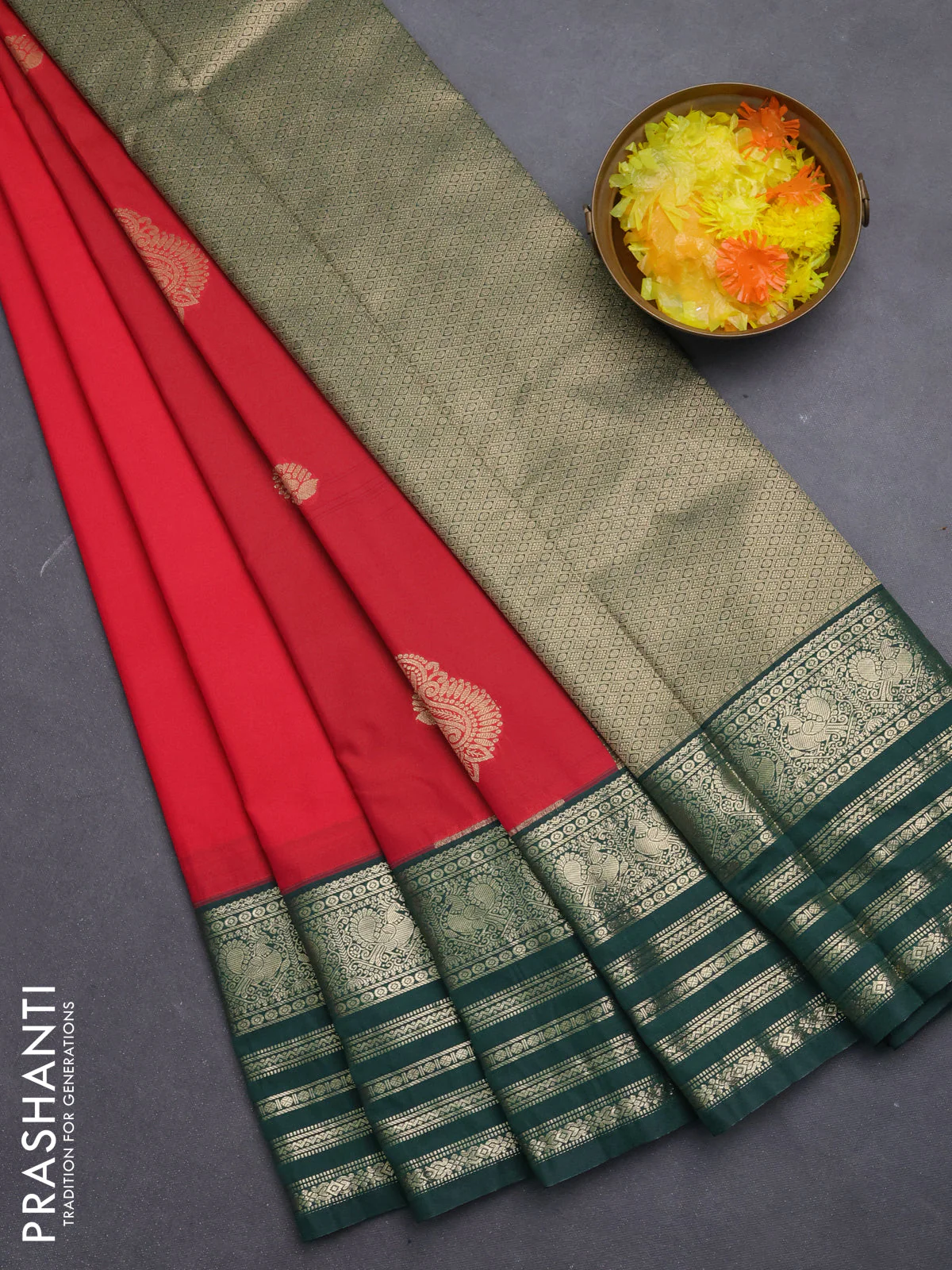 Semi kanchipuram silk saree tomato red and green with zari woven buttas and zari woven border