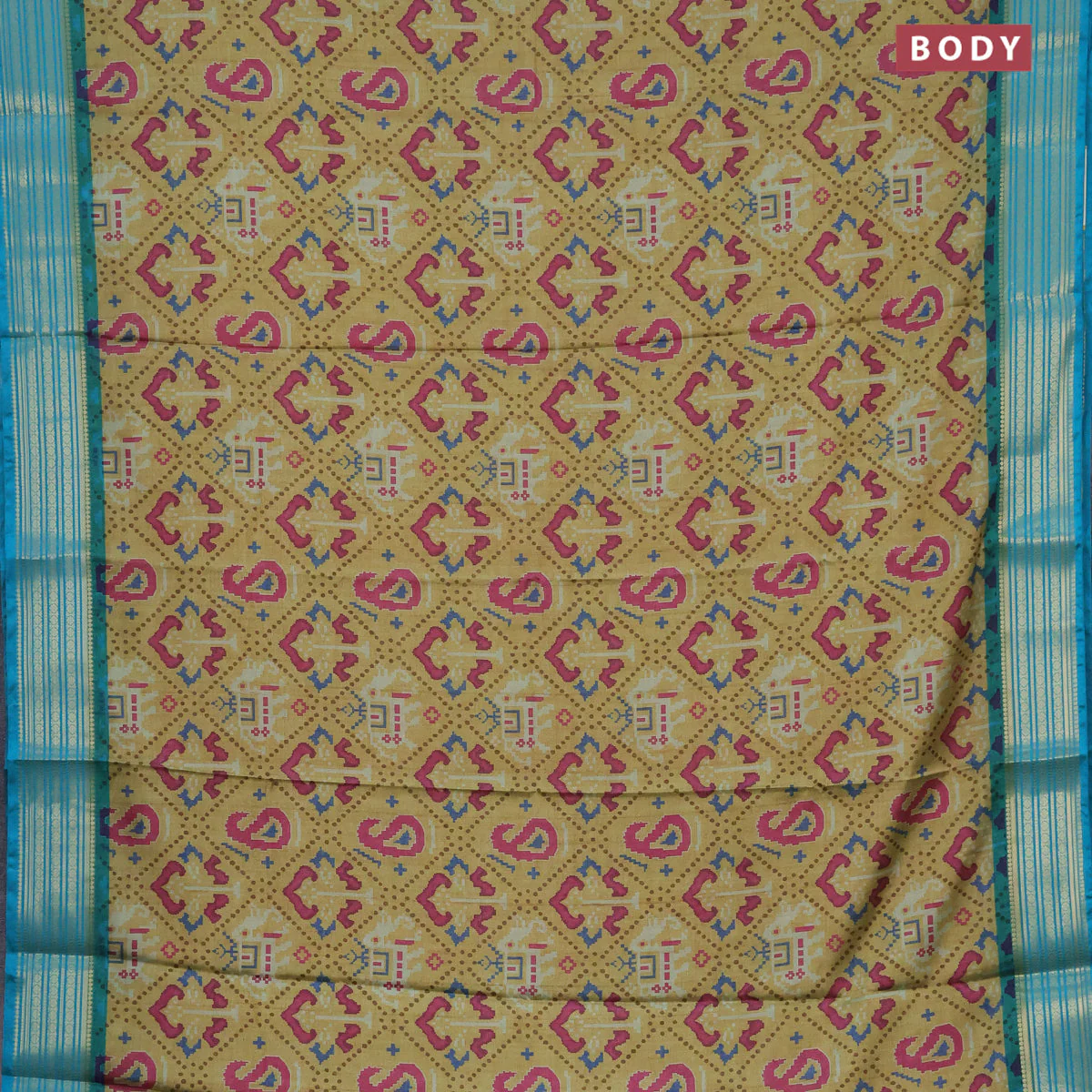 Semi kanchipuram silk saree yellow shade and teal blue with allover digital prints and zari woven border - Image 2