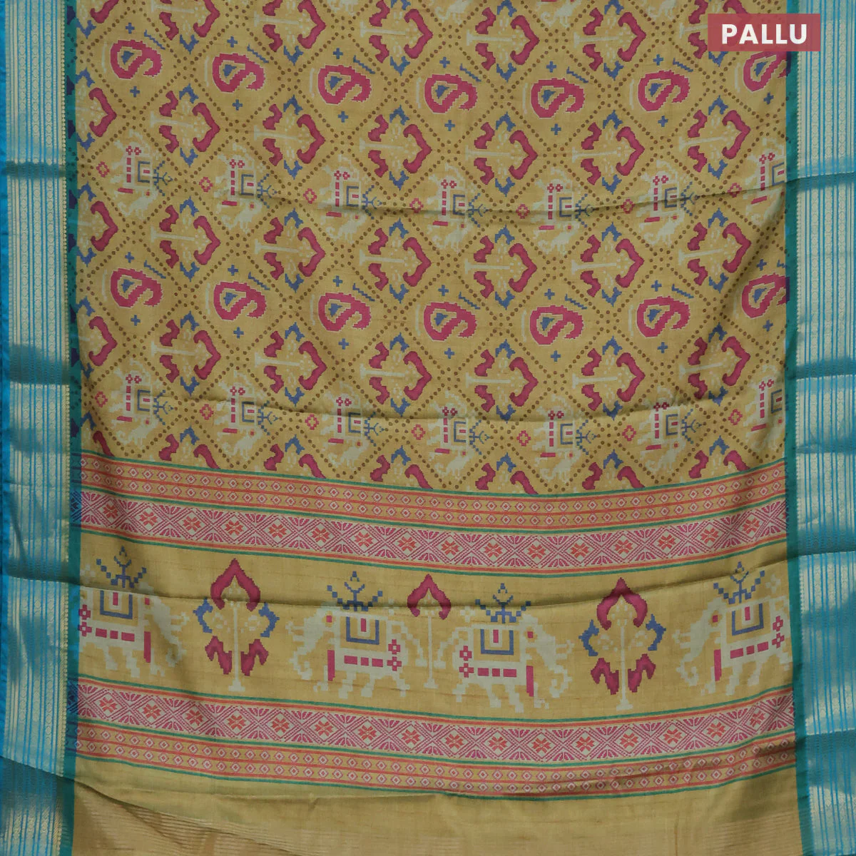 Semi kanchipuram silk saree yellow shade and teal blue with allover digital prints and zari woven border - Image 3