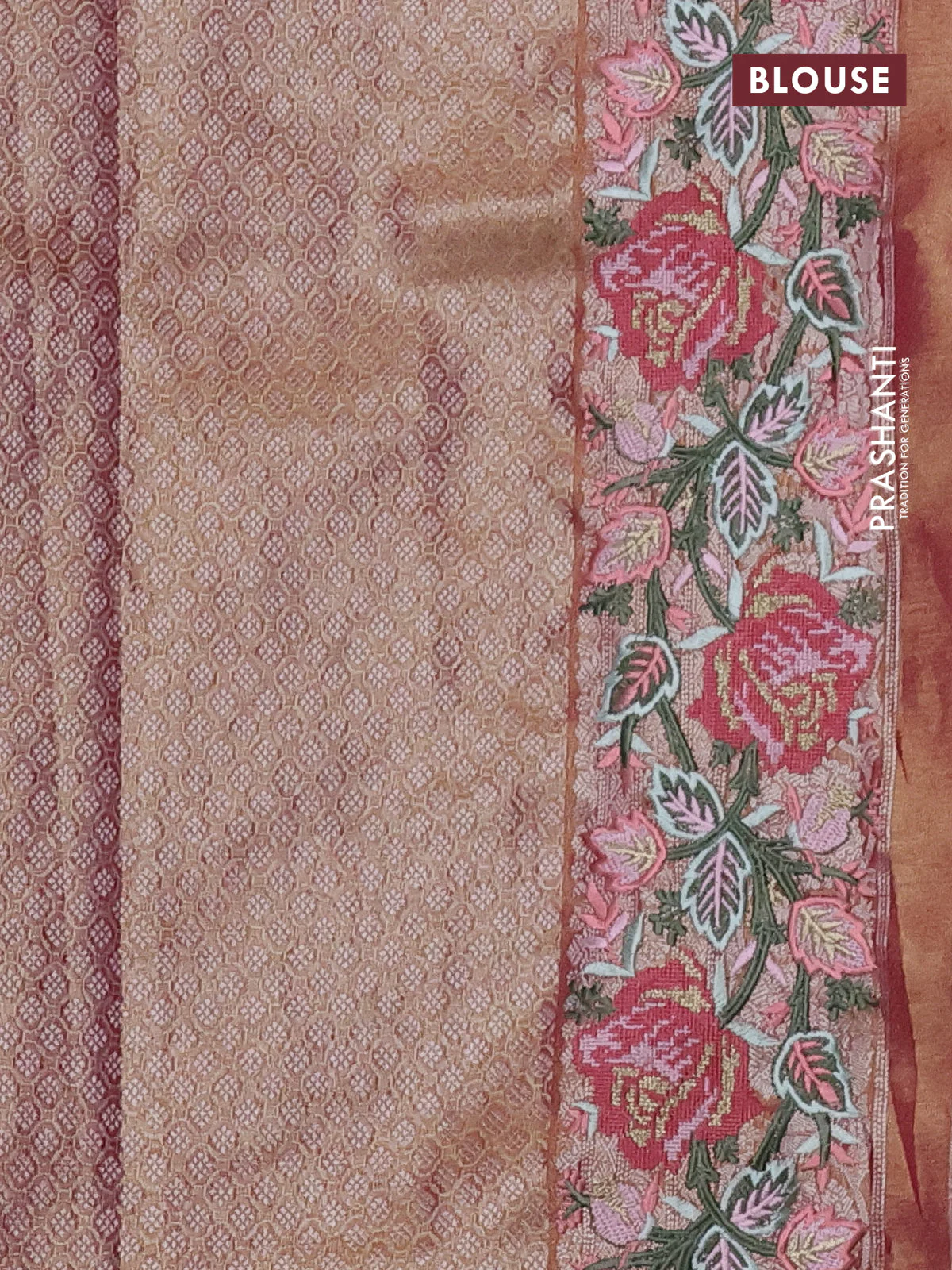 Semi kanchipuram tissue silk saree dual shade of pink with allover zari woven brocade weaves and floral design embroidery border - Image 3