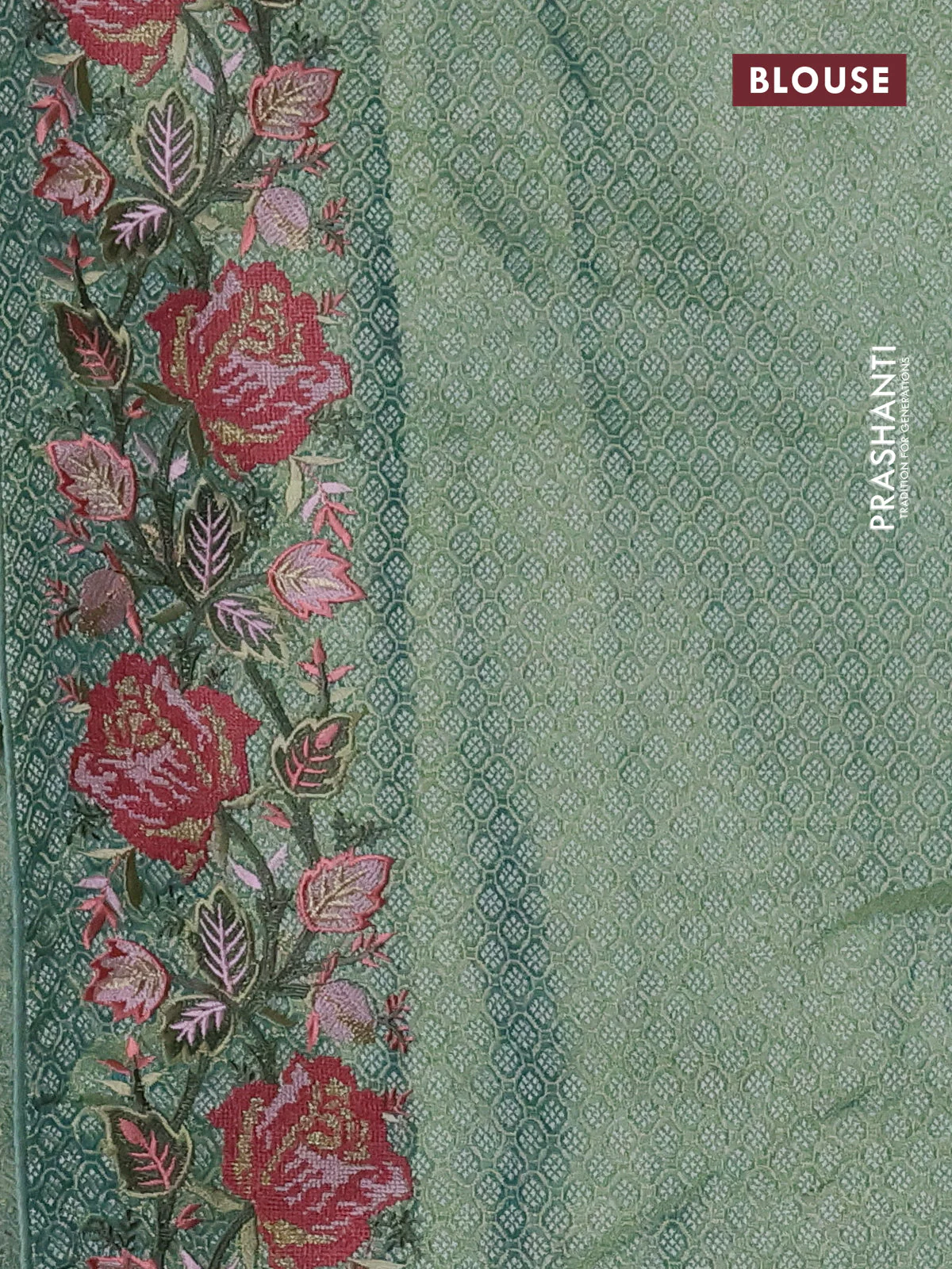 Semi kanchipuram tissue silk saree green shade with allover zari woven brocade weaves and floral design embroidery border - Image 3