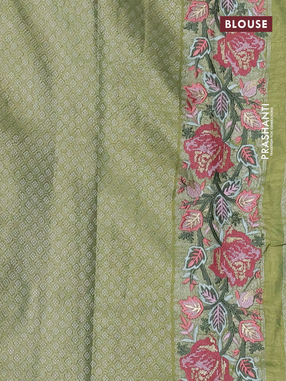 Semi kanchipuram tissue silk saree lime green with allover zari woven brocade weaves and floral design embroidery border - Image 3