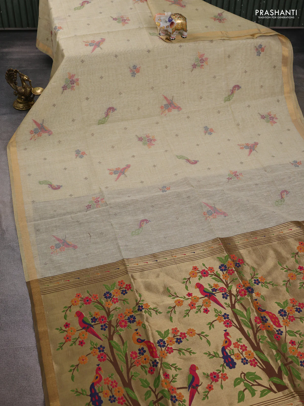 Semi linen saree beige and brown with allover thread woven buttas and paithani pallu - Image 2