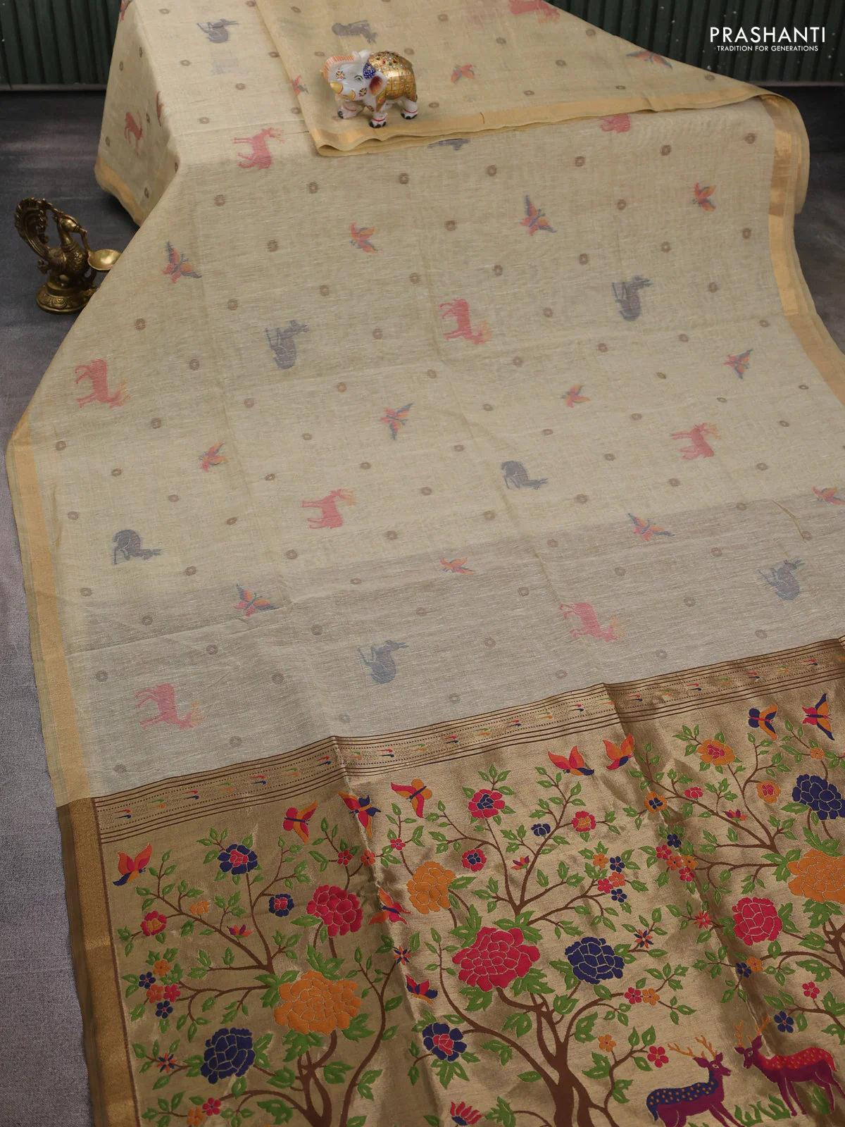 Semi linen saree beige and brown with allover thread woven buttas and paithani pallu - Image 2