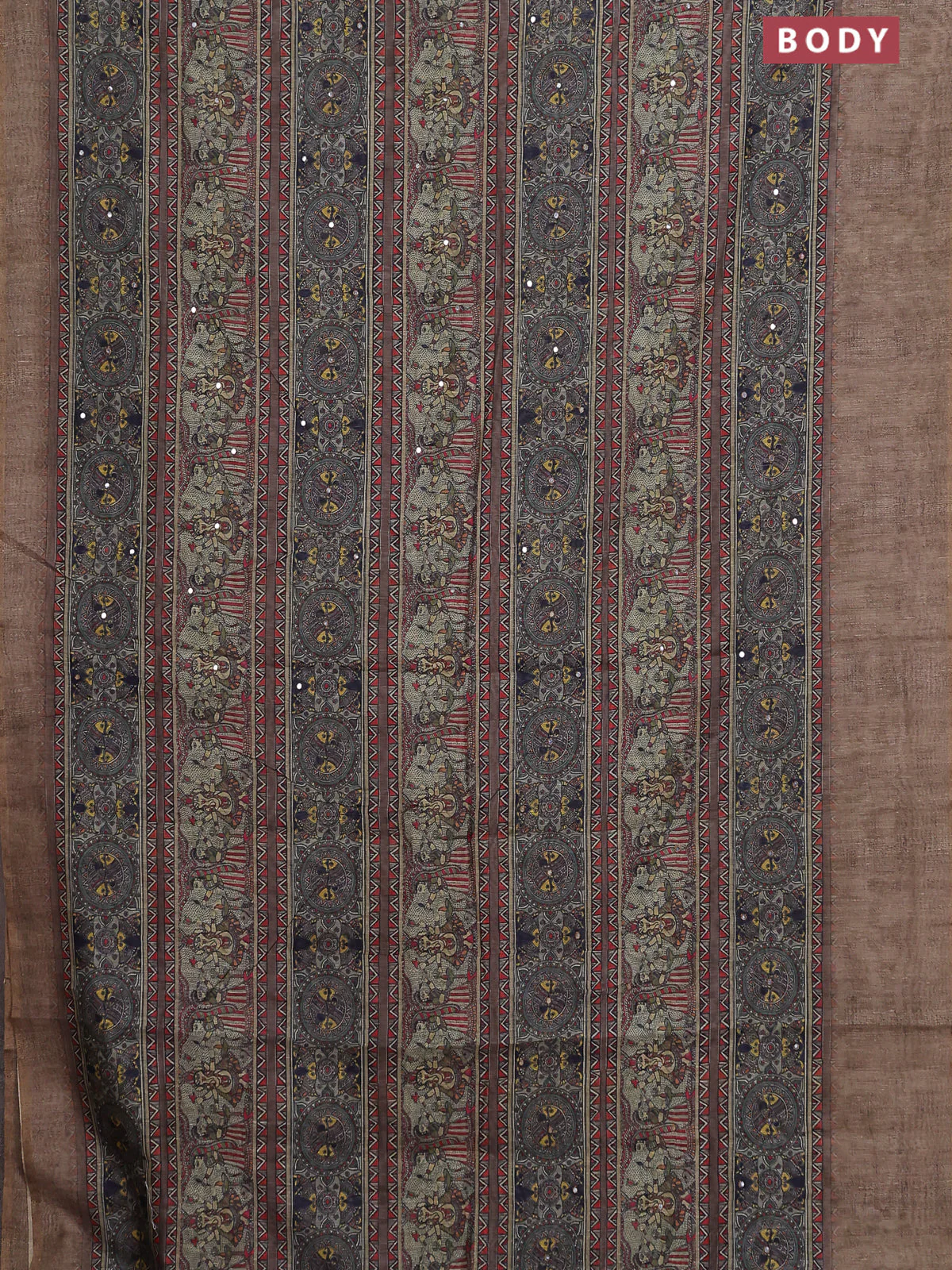 Semi linen saree beige with allover madhubani prints & mirror work - Image 2